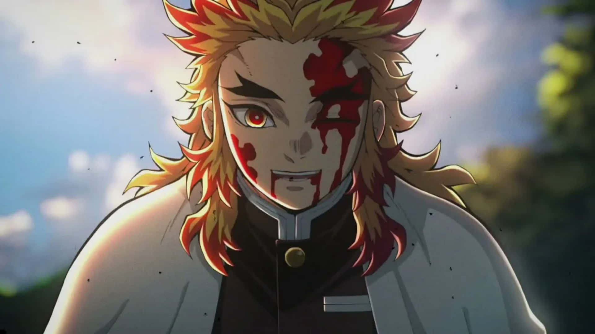 Rengoku Death 桌布 壁紙 — 一位堅定的動漫戰士，金色尖刺頭髮，臉上帶有血痕，在明亮的天空下凝視著。