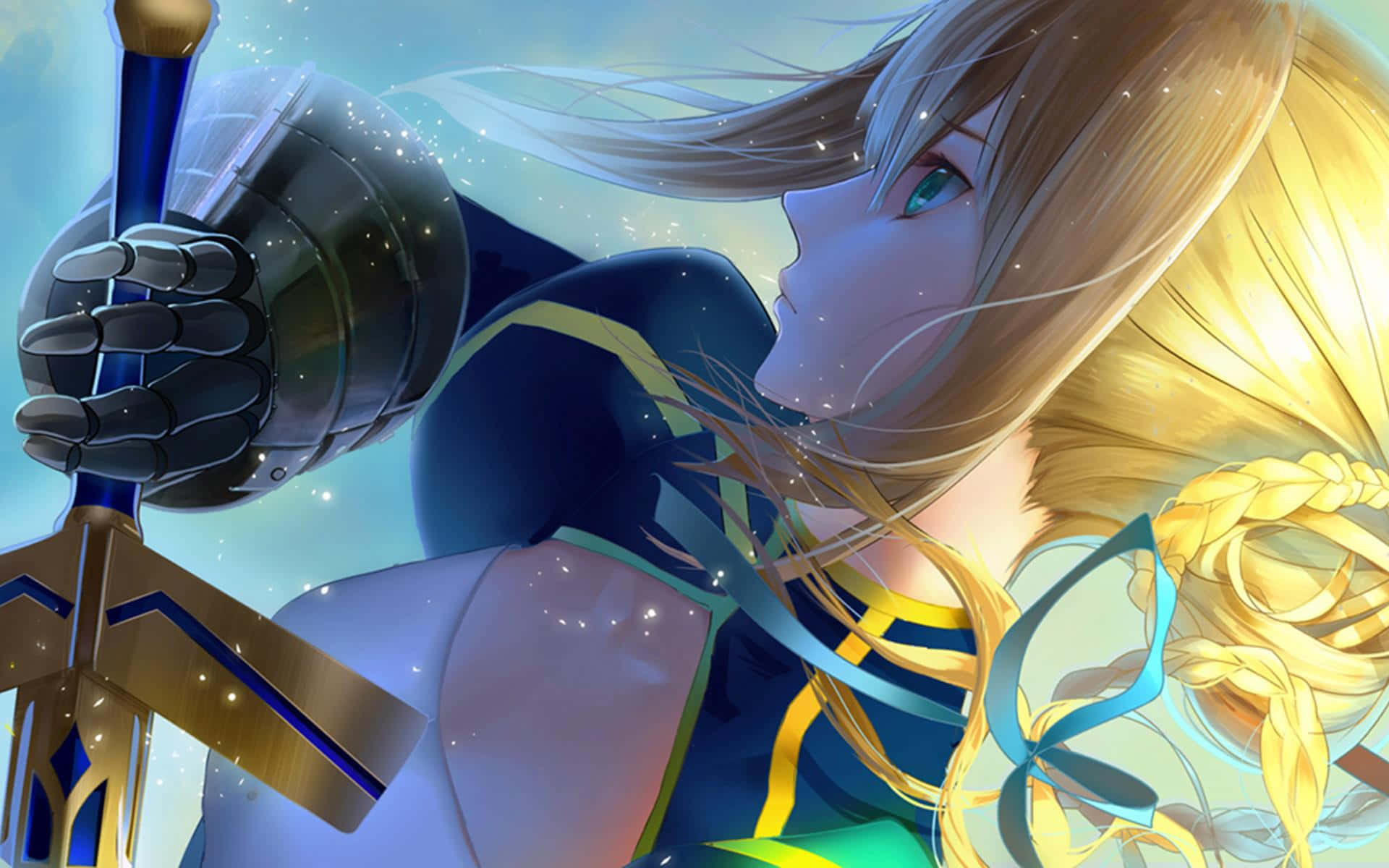 Saber Fate Stay Night 桌布 壁紙 — 一位堅定的動漫戰士，金色辮子頭髮，在星空背景下握著一把發光的劍。