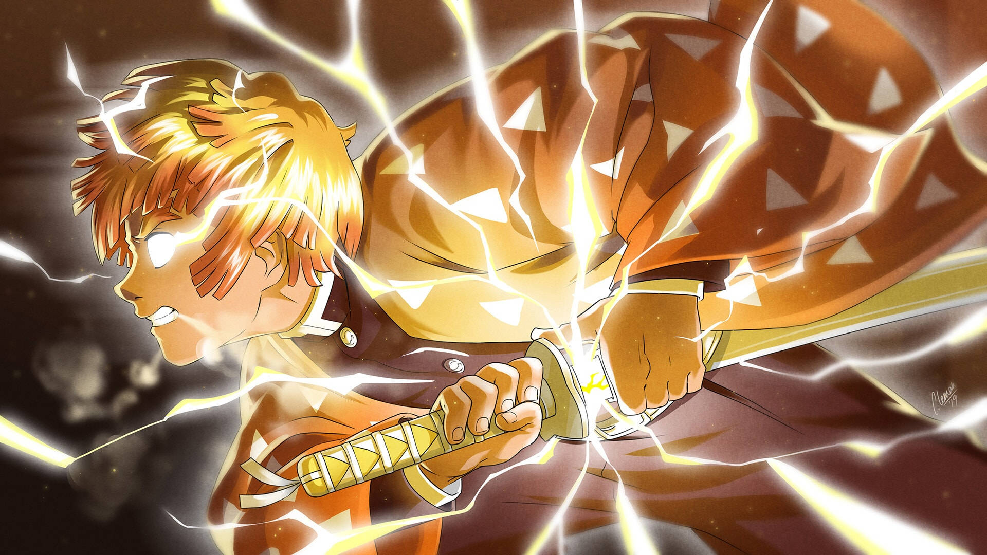 Demon Slayer Zenitsu 桌布 壁紙 — 一位堅定的動漫戰士，金髮，揮舞著發光的劍，閃電在他周圍劈啪作響，呈現出動態的戰鬥姿勢。