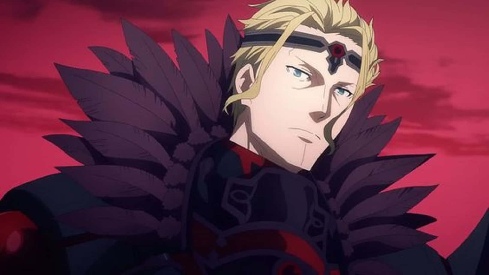 Sword Art Online Gabriel Miller 桌布 壁紙 — 一位堅定的動漫戰士，金髮，身穿暗色羽毛盔甲，站在鮮紅的天空下。