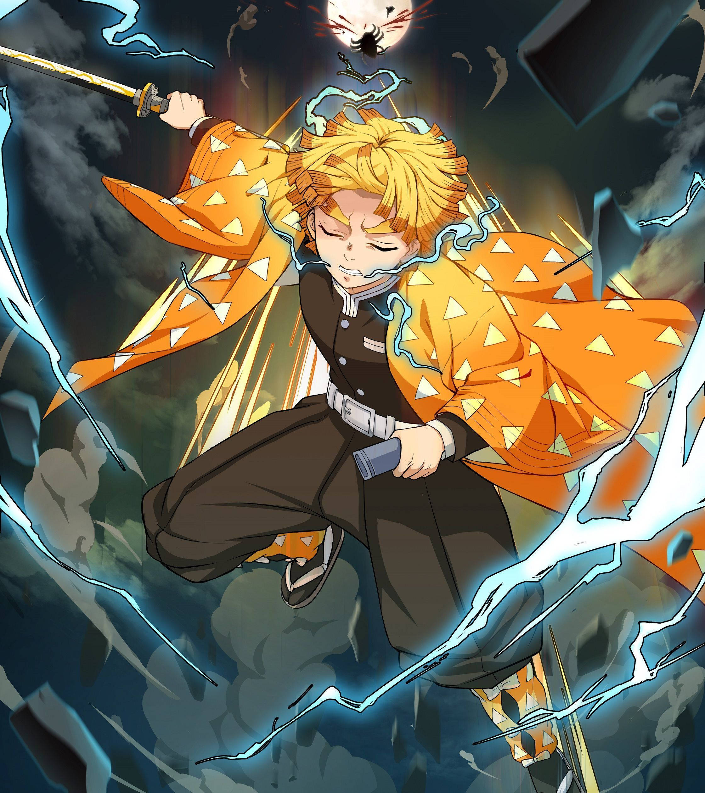 Zenitsu Pfp 桌布 壁紙 — 一位堅定的動漫戰士，金髮橙色的和服，揮舞著被電藍色能量包圍的發光劍，劃破暴風雨的天空。