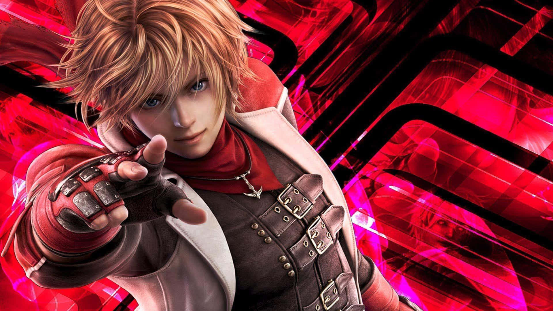 Tekken Characters 桌布 壁紙 — 一位堅定的動漫戰士，金髮紅手套，在鮮紅與黑色的抽象背景前向前指。