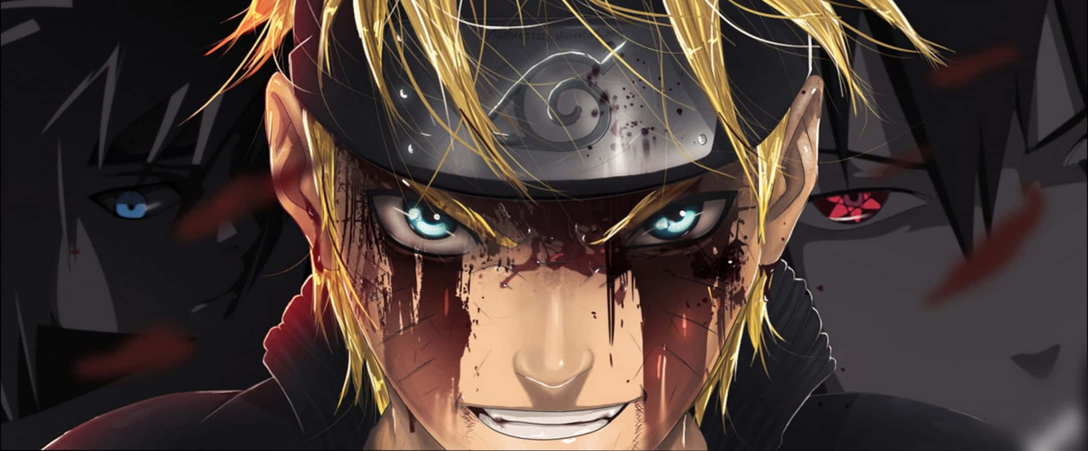 Ps4 Naruto 桌布 壁紙 — 一位堅定的動漫戰士，金髮藍眼，戴著額頭護具，鮮血順著臉頰滴落，背景陰暗，有模糊的人影。