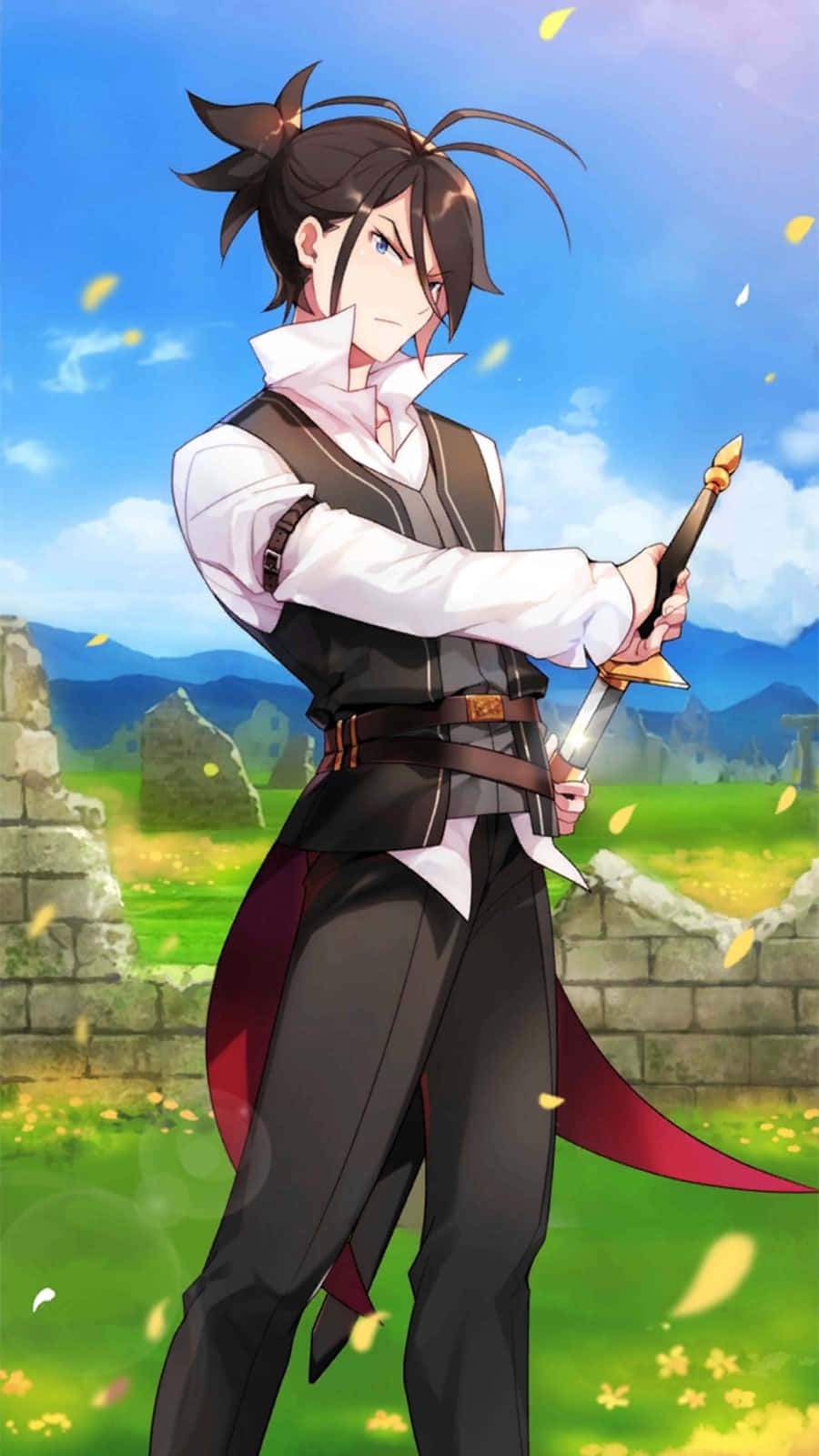動漫戰士在秋田野中手持劍，背景有石頭廢墟和落葉。 — King Von 壁紙