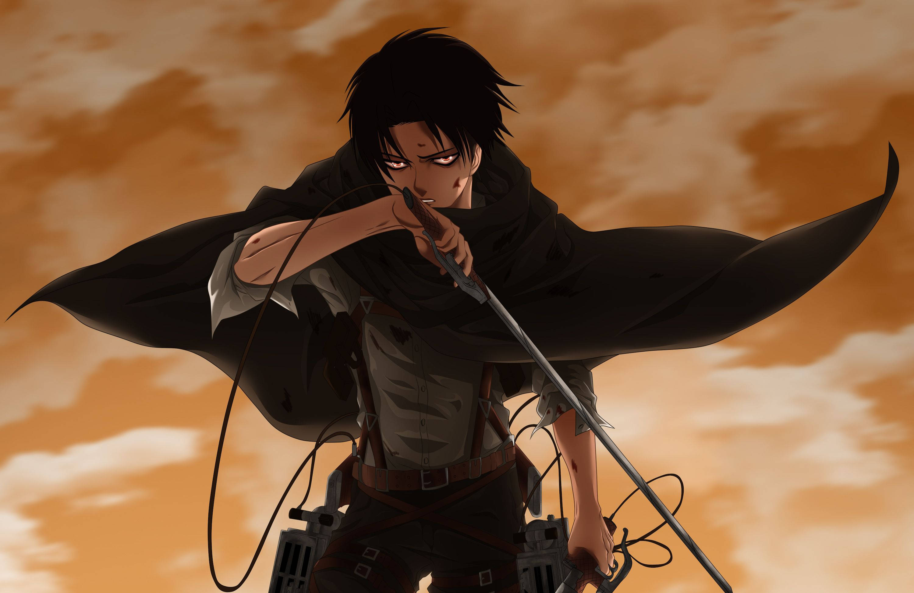 Top Anime 桌布 壁紙 — 一位堅定的動漫戰士，黑髮紅眼，舉劍指向火橙色天空，雲層翻湧。