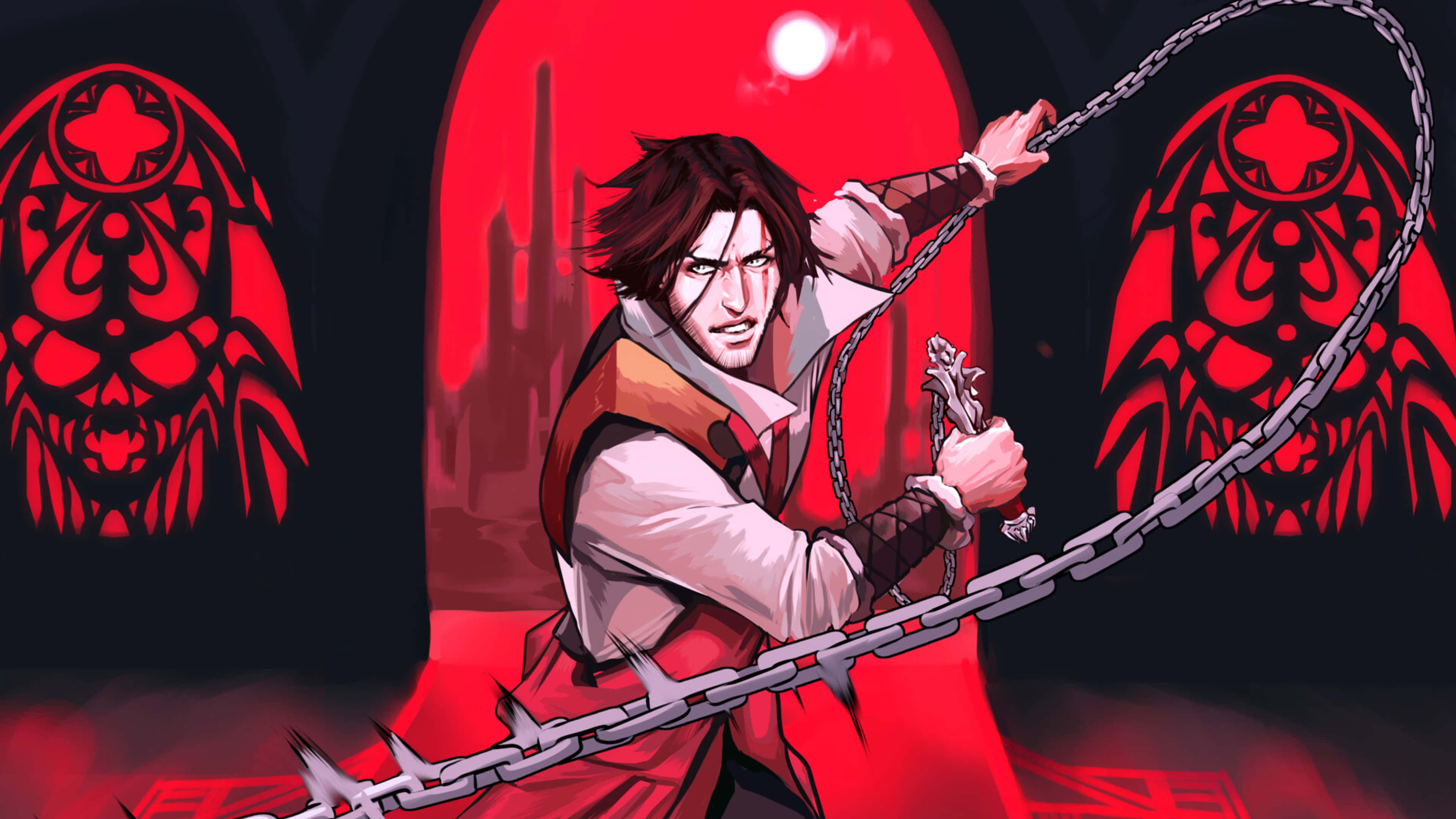 Castlevania 桌布 壁紙 — 一位堅定的動漫戰士在帶有惡魔印記和發光月亮的深紅色背景下揮舞著帶刺的鎖鏈。