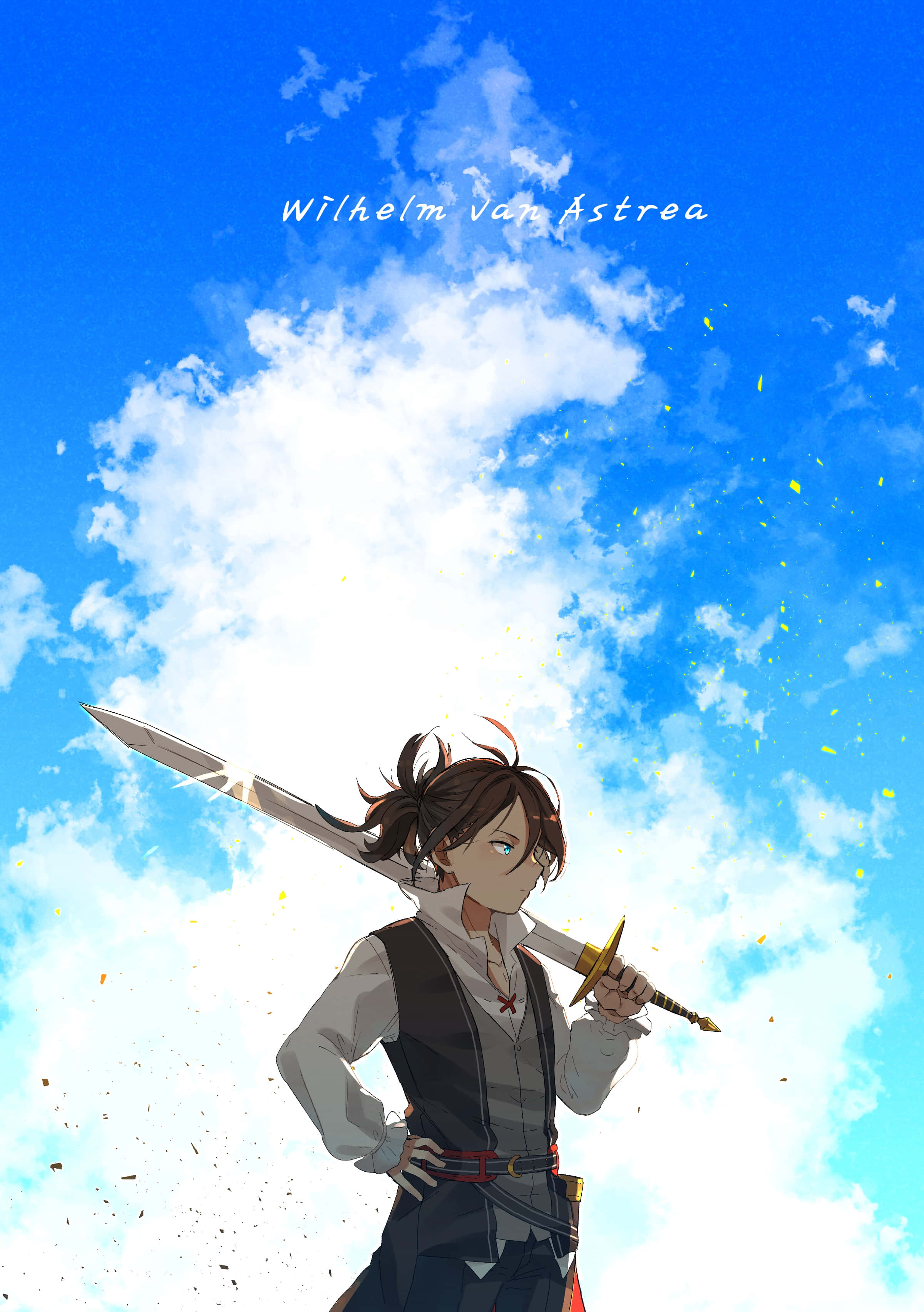 Wilhelm Van Astrea 桌布 壁紙 — 一位堅定的動漫戰士手持劍，站在佈滿蓬鬆雲朵和漂浮金色粒子的明亮藍天下。