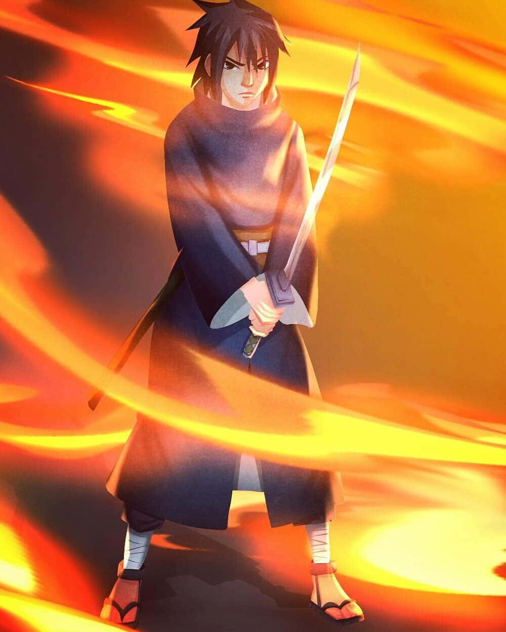 Izuna Uchiha 桌布 壁紙 — 一位堅定的動漫戰士手持劍，站立在旋轉的熾熱橙色能量中，擺出動態的戰鬥姿勢。