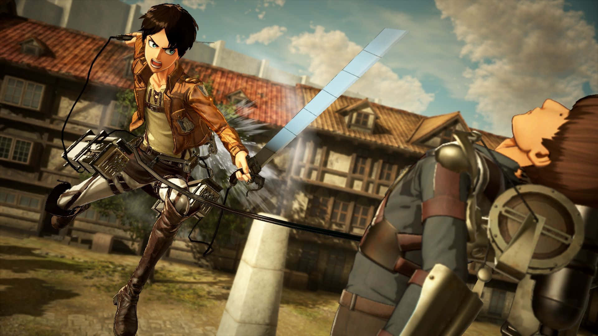 Aot 2 Final Battle 桌布 壁紙 — 一位堅定的動漫戰士手持發光劍，跳過陽光明媚的歐洲小鎮，而另一位戰士正準備迎接衝擊。