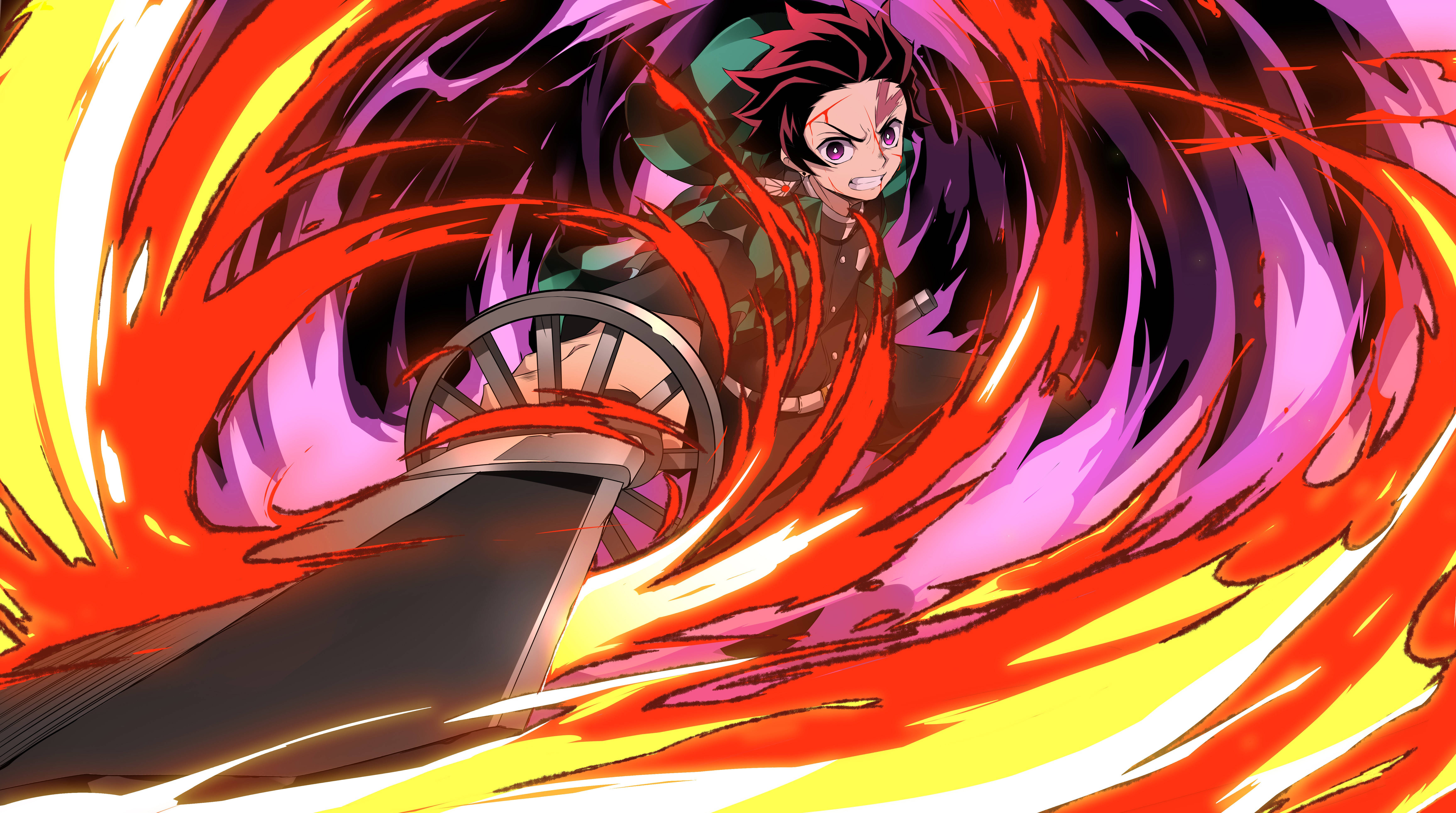 Kagura 桌布 壁紙 — 一位堅定的動漫戰士揮舞著劍，穿過熾熱的紅色和紫色能量漩渦。