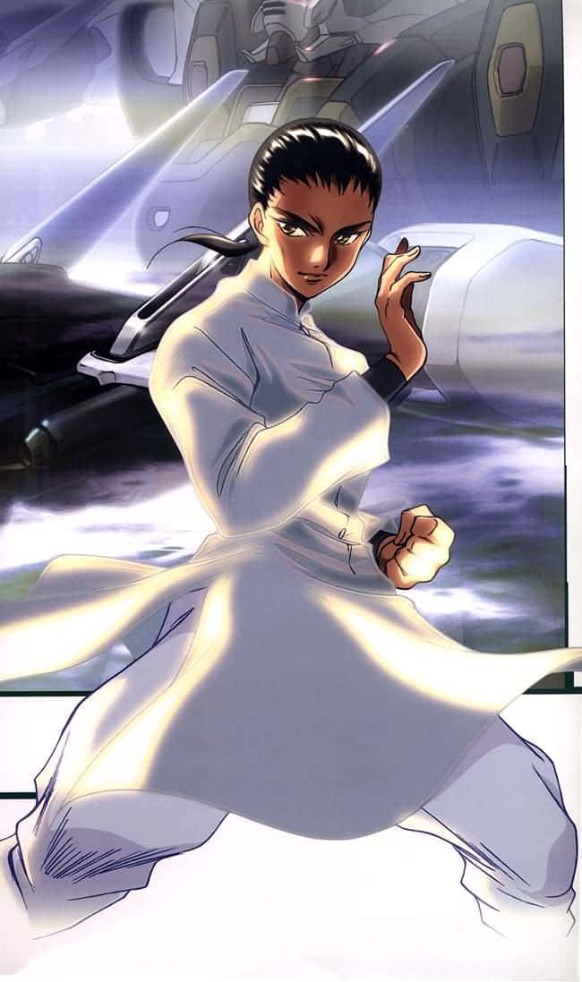 Wufei Chang 桌布 壁紙 — 一位堅定的動漫戰士身穿白色武術服，散發著發光的能量，背景是未來機甲在戲劇性的暮色中。