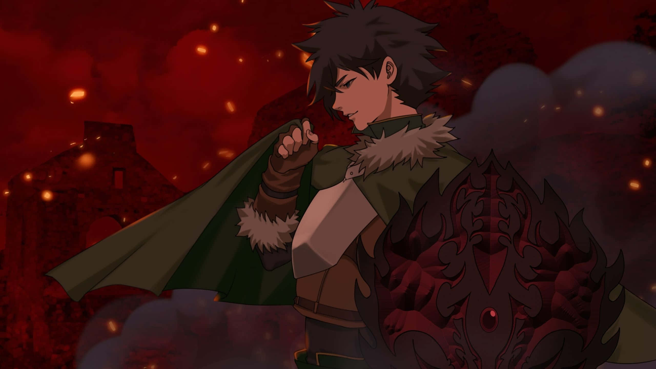 The Rising Of The Shield Hero 桌布 壁紙 — 一位堅定的動漫戰士身穿綠色斗篷，站在火紅的天空中，手持發光的華麗盾牌。