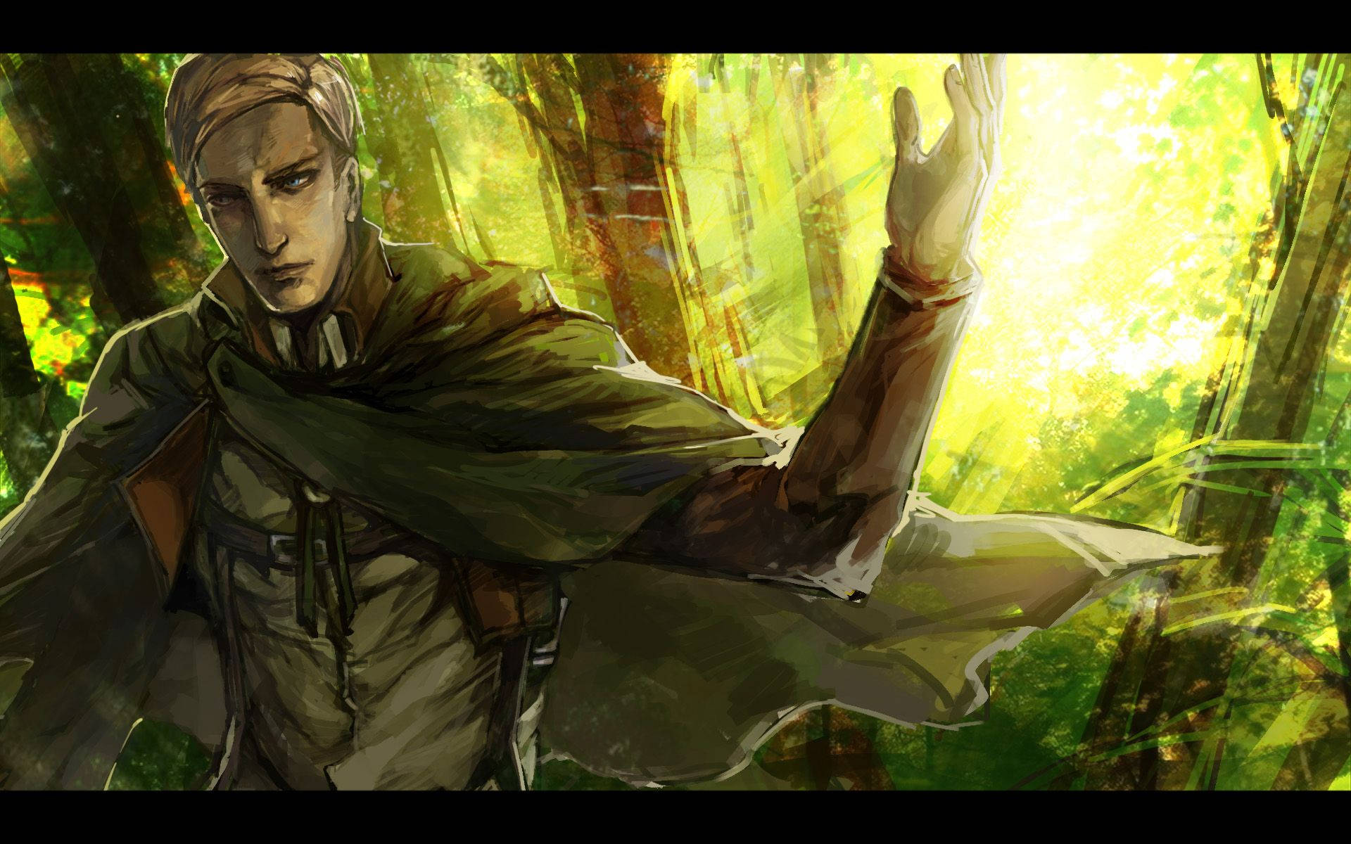 Erwin 桌布 壁紙 — 一位堅定的動漫戰士身穿綠色斗篷，站在陽光普照的森林中，舉起手，金色的光線穿過樹木灑落下來。