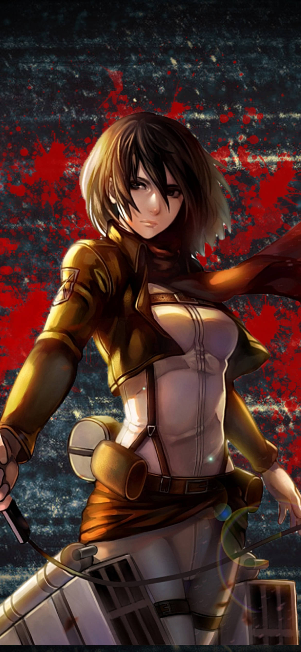 Attack On Titan iPhone 桌布 壁紙 — 一位堅定的動漫戰士身穿金色盔甲，站在濺滿鮮豔紅色顏料的黑暗背景前。
