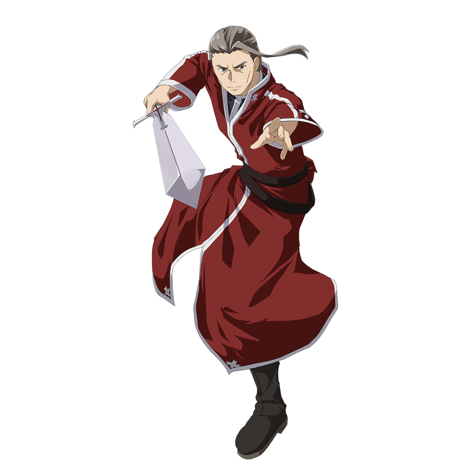 Sword Art Online Heathcliff 桌布 壁紙 — 一位堅定的動漫戰士身穿飄逸的紅色長袍，在純白背景下揮劍作戰。