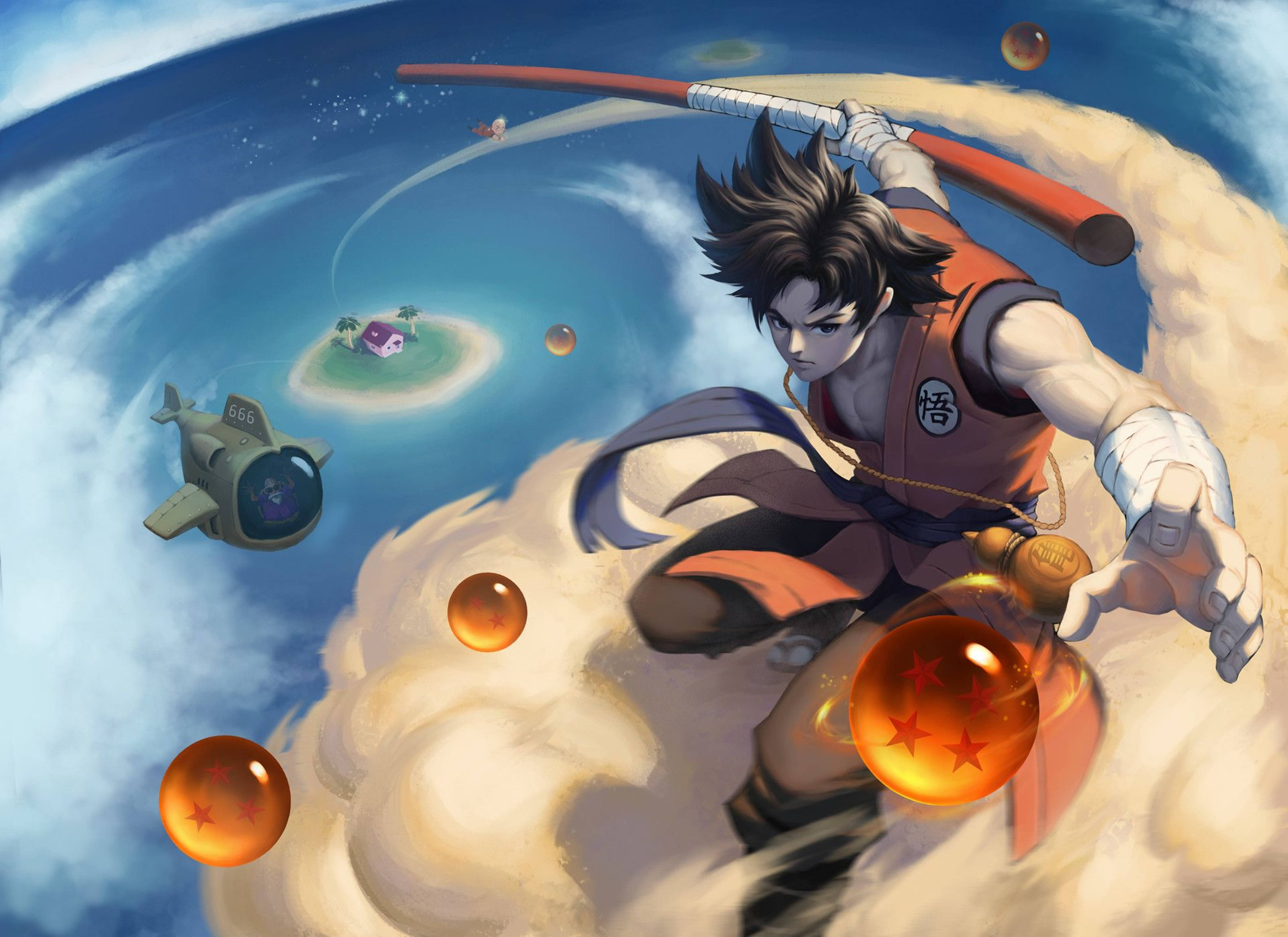 悟空 桌布 壁紙 — 一位堅定的動漫戰士飛過雲層，揮舞著法杖，在熱帶島嶼上空收集發光的龍珠。