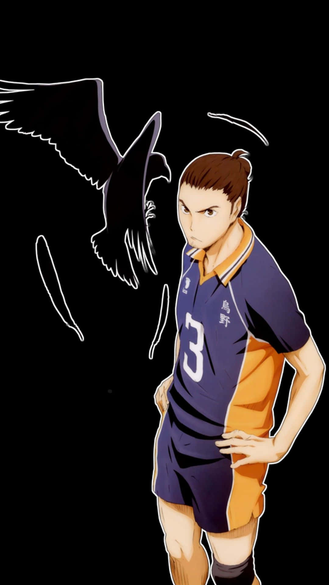 Asahi Azumane 桌布 壁紙 — 一位堅定的動漫排球運動員穿著紫色和橙色制服，站在黑色背景前，旁邊有一隻風格化的烏鴉。