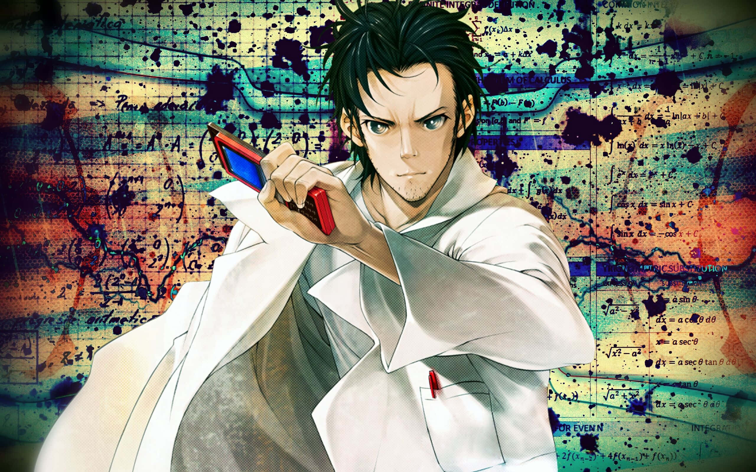 Rintaro Okabe 桌布 壁紙 — 一位堅定的動漫科學家穿著白色實驗室外套，在混亂的數學方程式和彩色飛濺背景中手持紅色裝置。