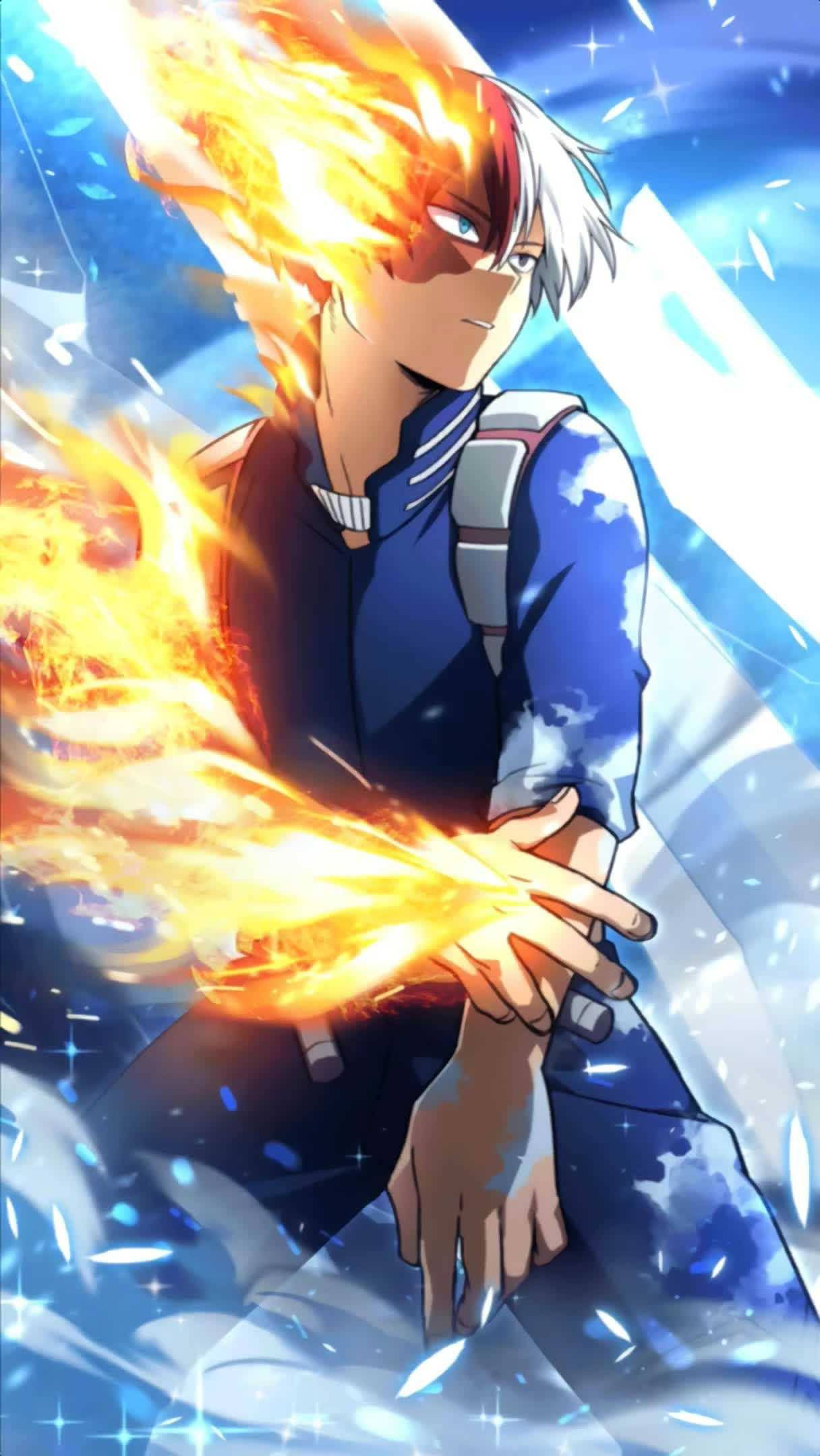 Todoroki Aesthetic 桌布 壁紙 — 一位堅定的動漫英雄，擁有半紅半白的頭髮，在閃爍的藍色背景下從手中引導出火焰能量。