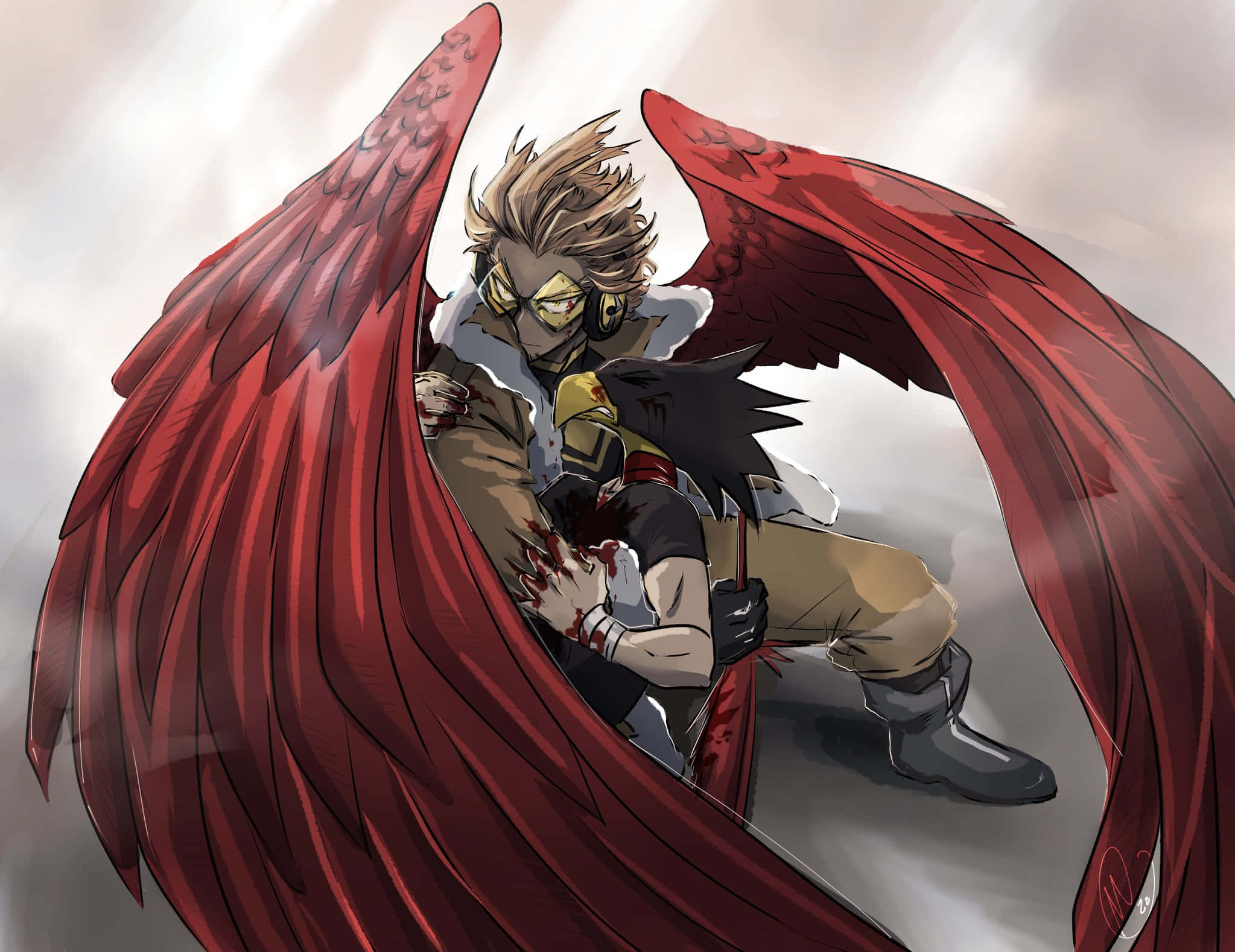 Fumikage Tokoyami 桌布 壁紙 — 一位堅定的動漫英雄，擁有紅色翅膀，在暴風雨的灰色天空中懷抱著受傷的盟友。