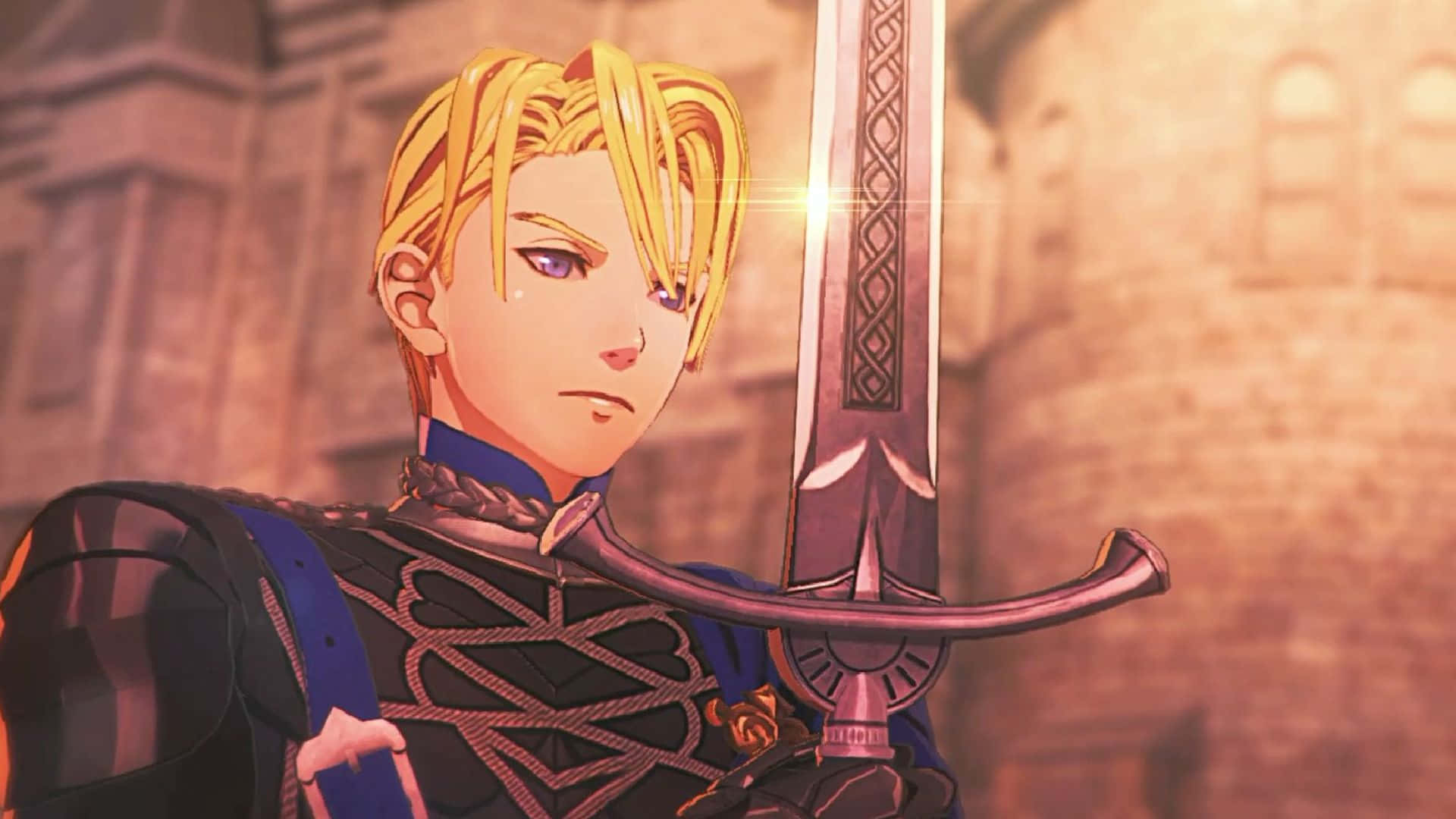 身穿盔甲的動漫騎士在黃昏時分站在城堡前，手持發光劍。 — Fire Emblem Warriors 壁紙