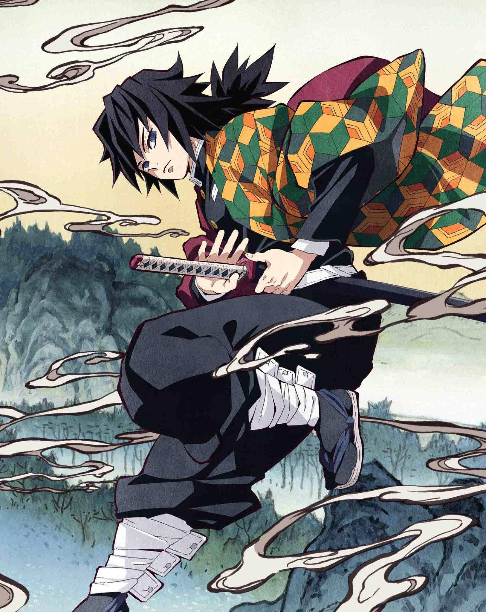 Giyuu Tomioka 桌布 壁紙 — 一位堅定的動畫劍士穿著色彩繽紛的格紋羽織，在森林懸崖上穿過旋轉的迷霧跳躍。