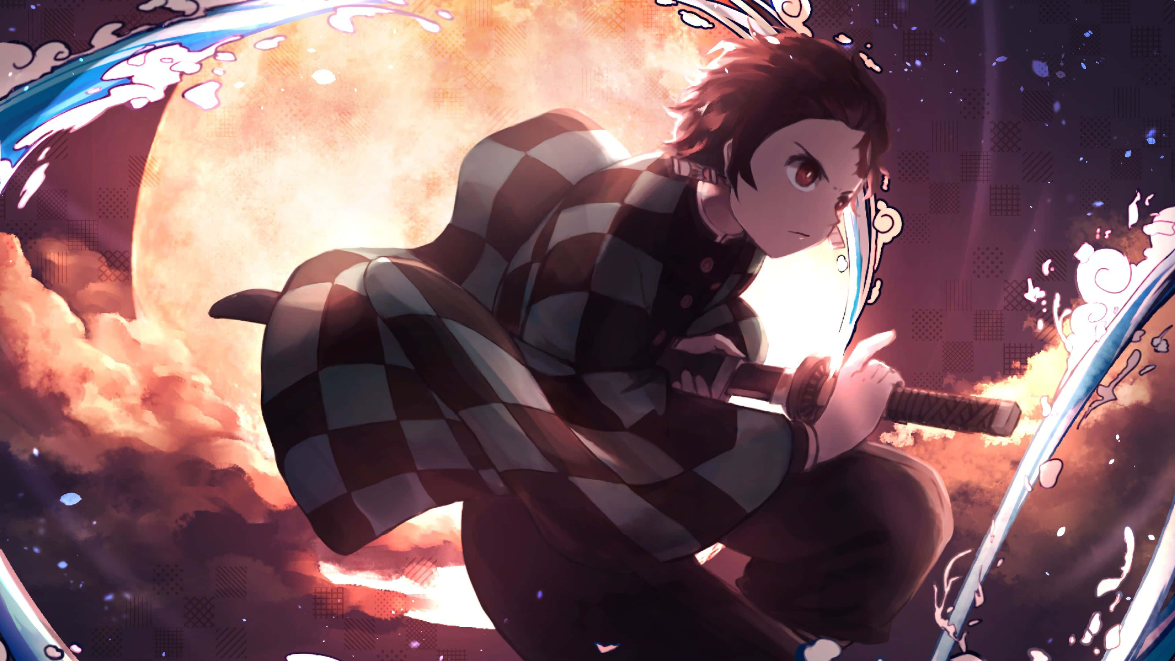 Kimetsu No Yaiba 桌布 壁紙 — 一位堅定的動畫劍客身穿格紋和服，在發光的橙色月亮前劈開旋轉的火焰。