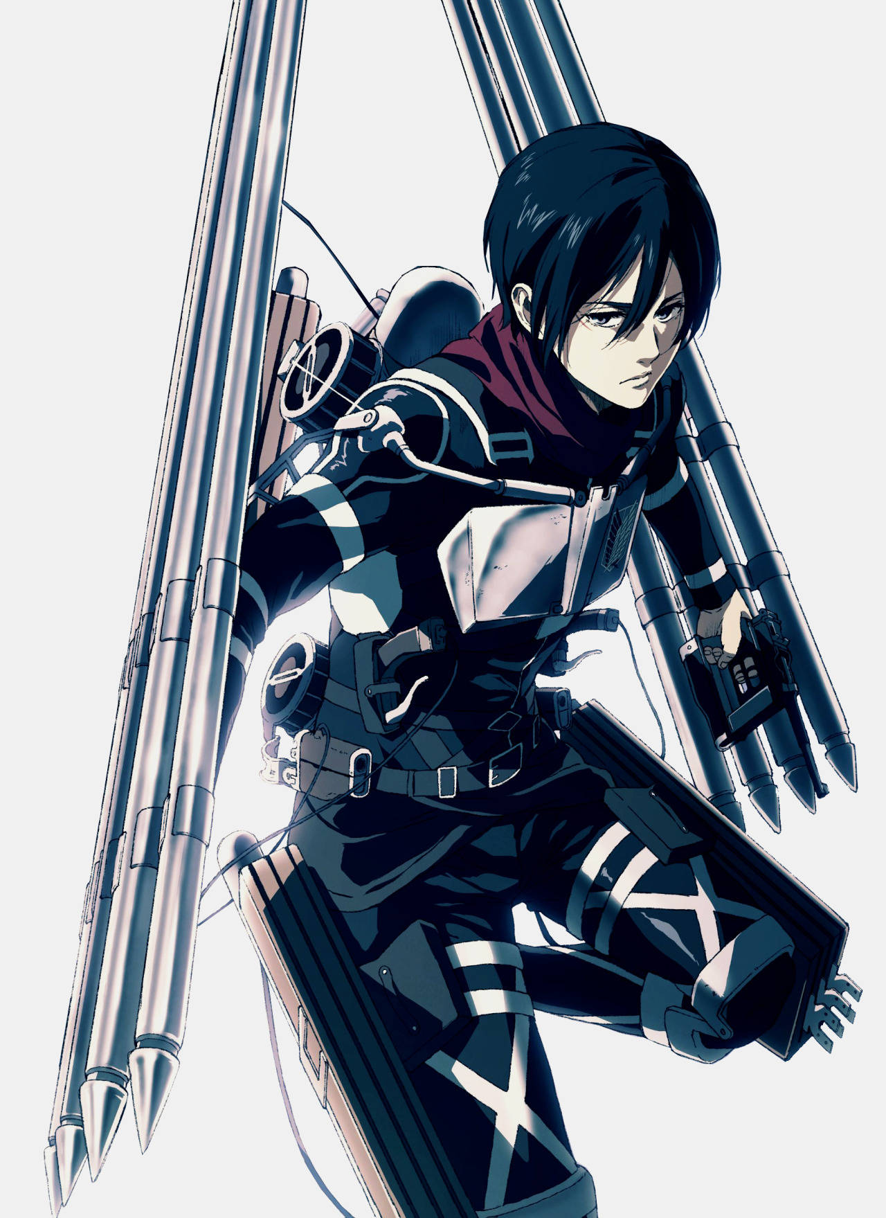 Mikasa Ackerman 桌布 壁紙 — 一位堅定的動畫士兵，身穿黑色裝備，手持三把垂直尖刺武器，站在純色背景前。
