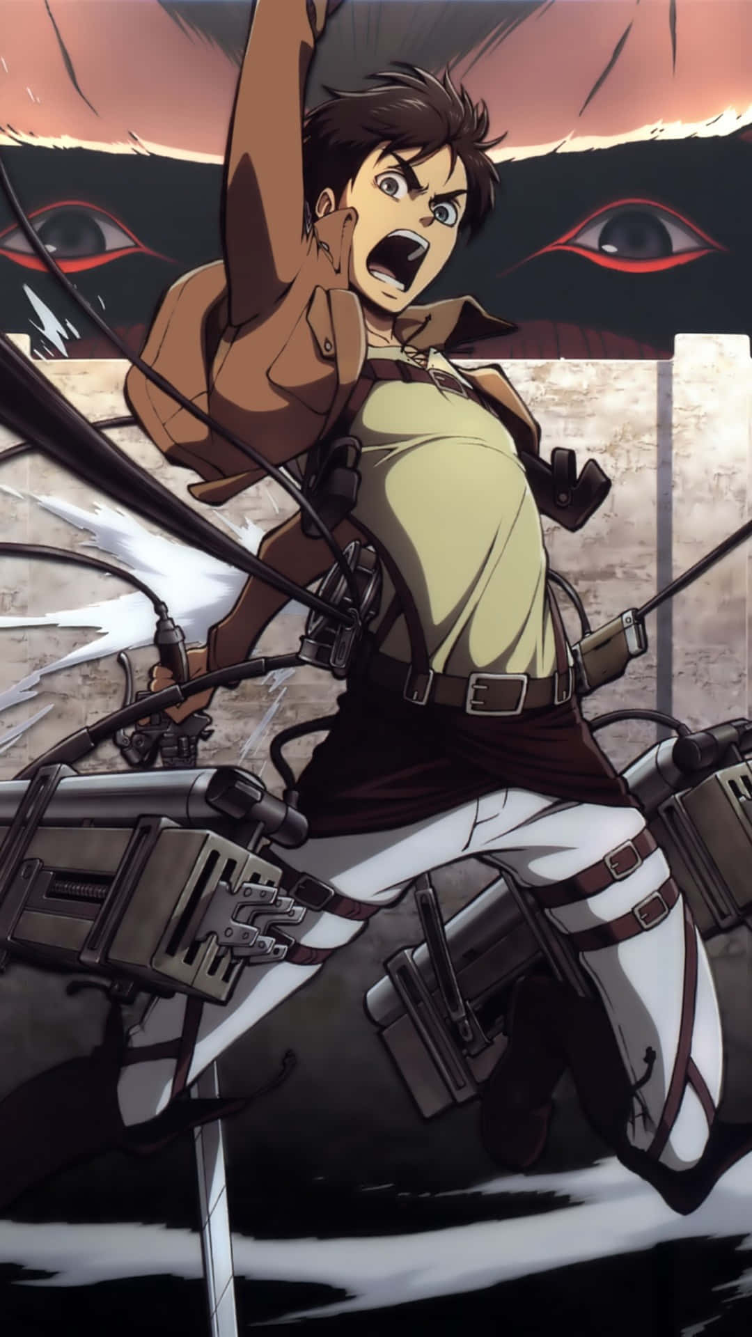 Attack On Titan Titan Eren 桌布 壁紙 — 一位堅定的動畫士兵穿著機動裝備服，在巨大眼睛和崩塌牆壁的背景下，舉起雙臂向前跳躍。
