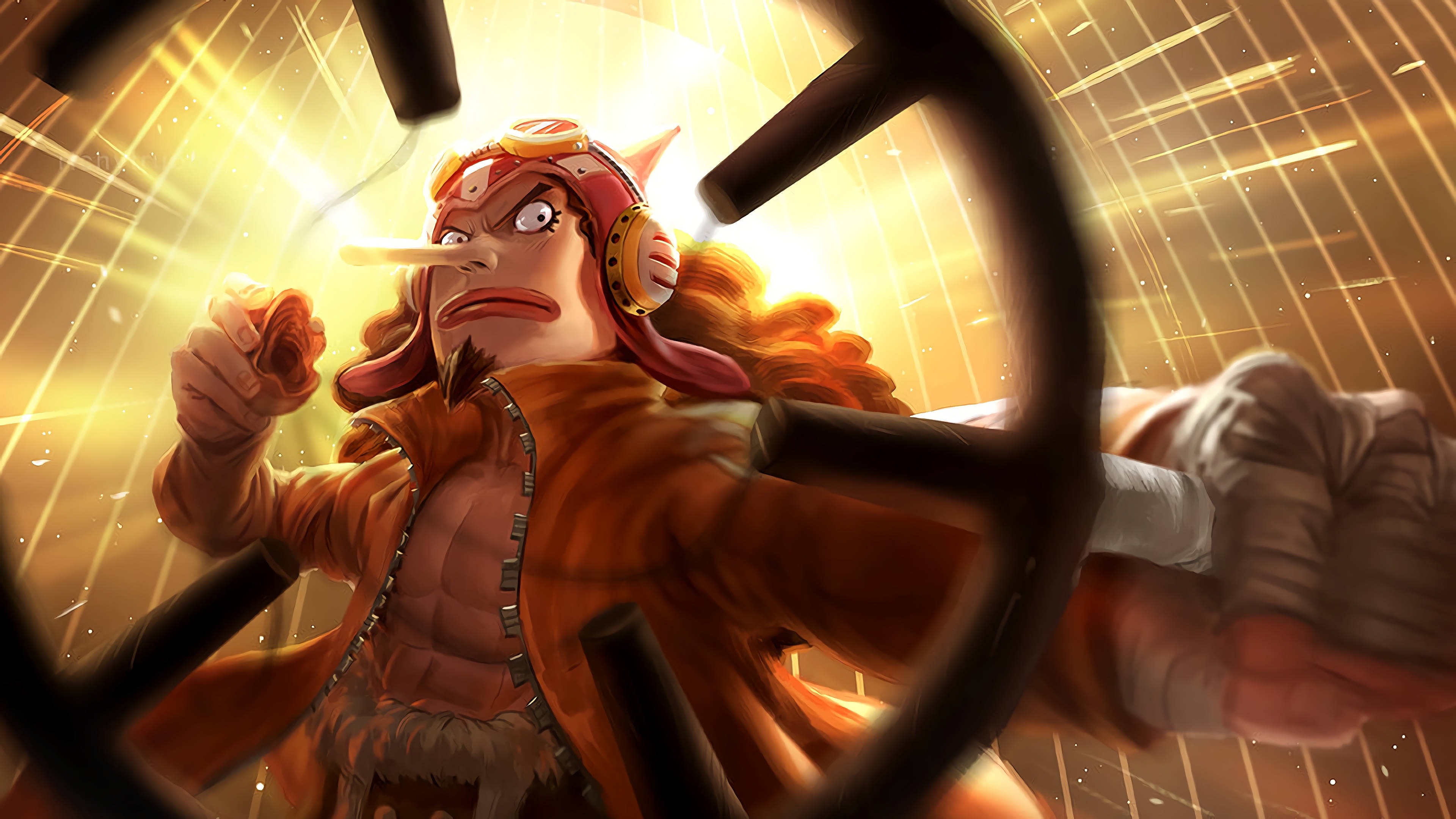 one piece usopp 桌布 壁紙 — 一位堅定的動畫海盜船長在燦爛的金色光芒和條紋爆炸中緊握船舵。