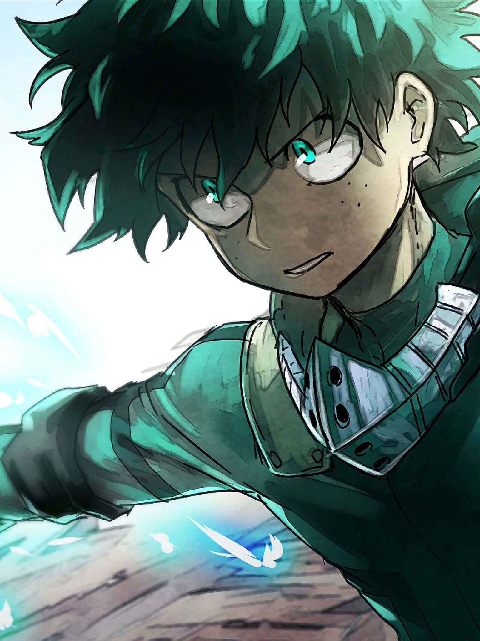 Aesthetic Deku 桌布 壁紙 — 一位堅定的動畫英雄，擁有尖刺的青綠色頭髮和發光的眼睛，向前伸出手臂，藍色能量在他周圍劈啪作響。