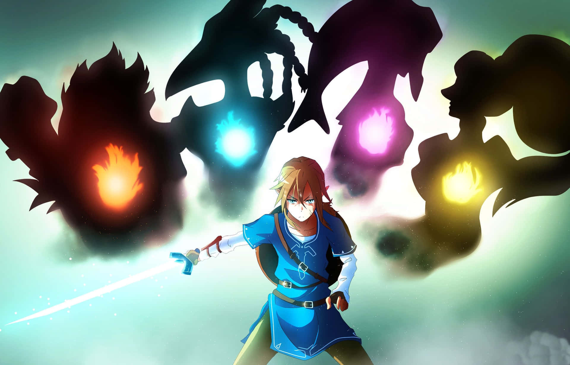 Botw 桌布 壁紙 — 一位堅定的動畫英雄揮舞著發光的劍，對抗四個散發著熾熱魔法核心的陰影怪物。