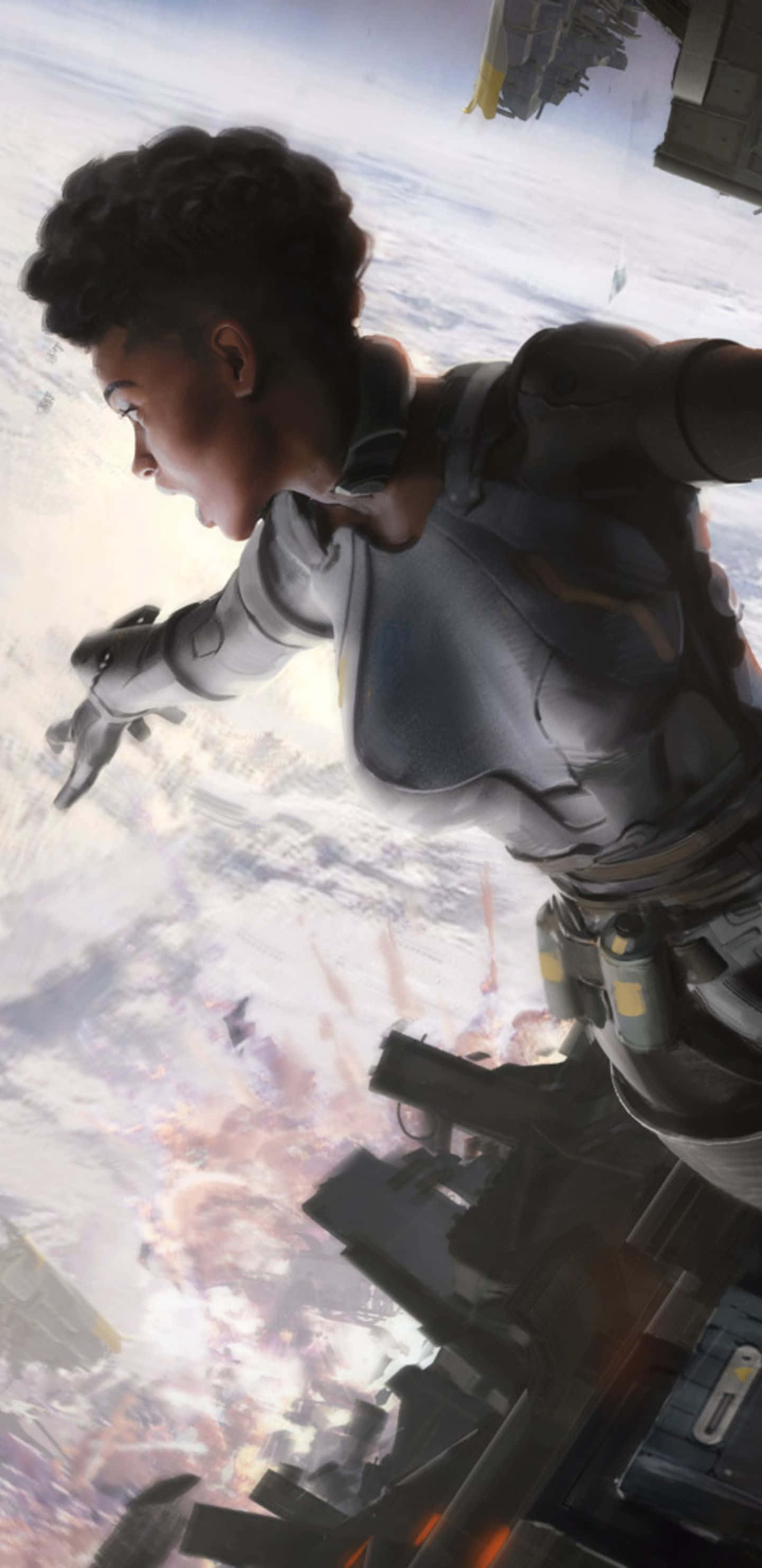 Pixel 3xl Apex Legends 桌布 壁紙 — 一位堅定的太空人身穿時尚太空衣，漂浮在行星的旋轉雲層和遙遠的太空站之上。