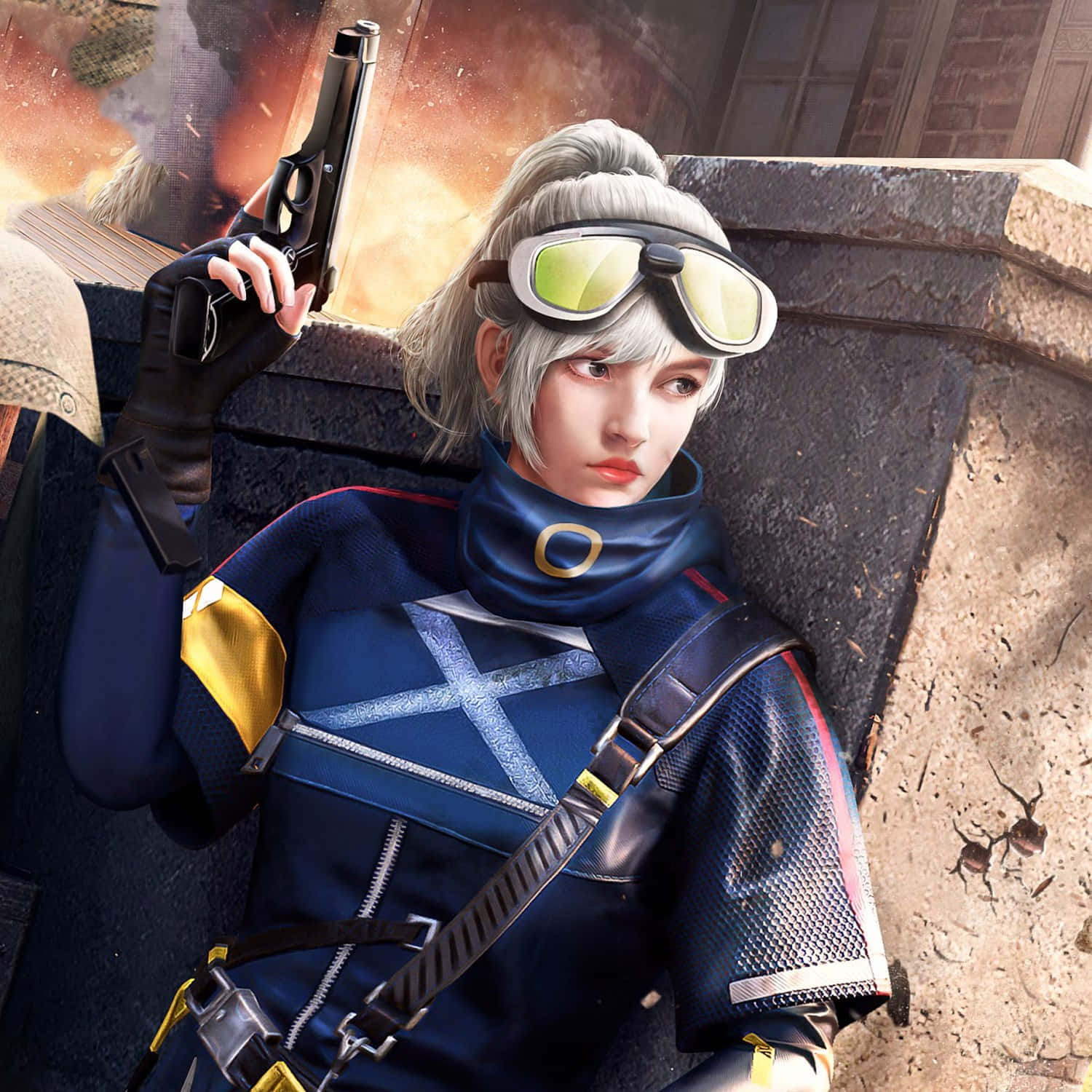 Playerunknown's Battlegrounds 桌布 壁紙 — 一位堅定的女兵，銀色頭髮，戴著護目鏡，在熾熱的爆炸中靠著石牆手持手槍。