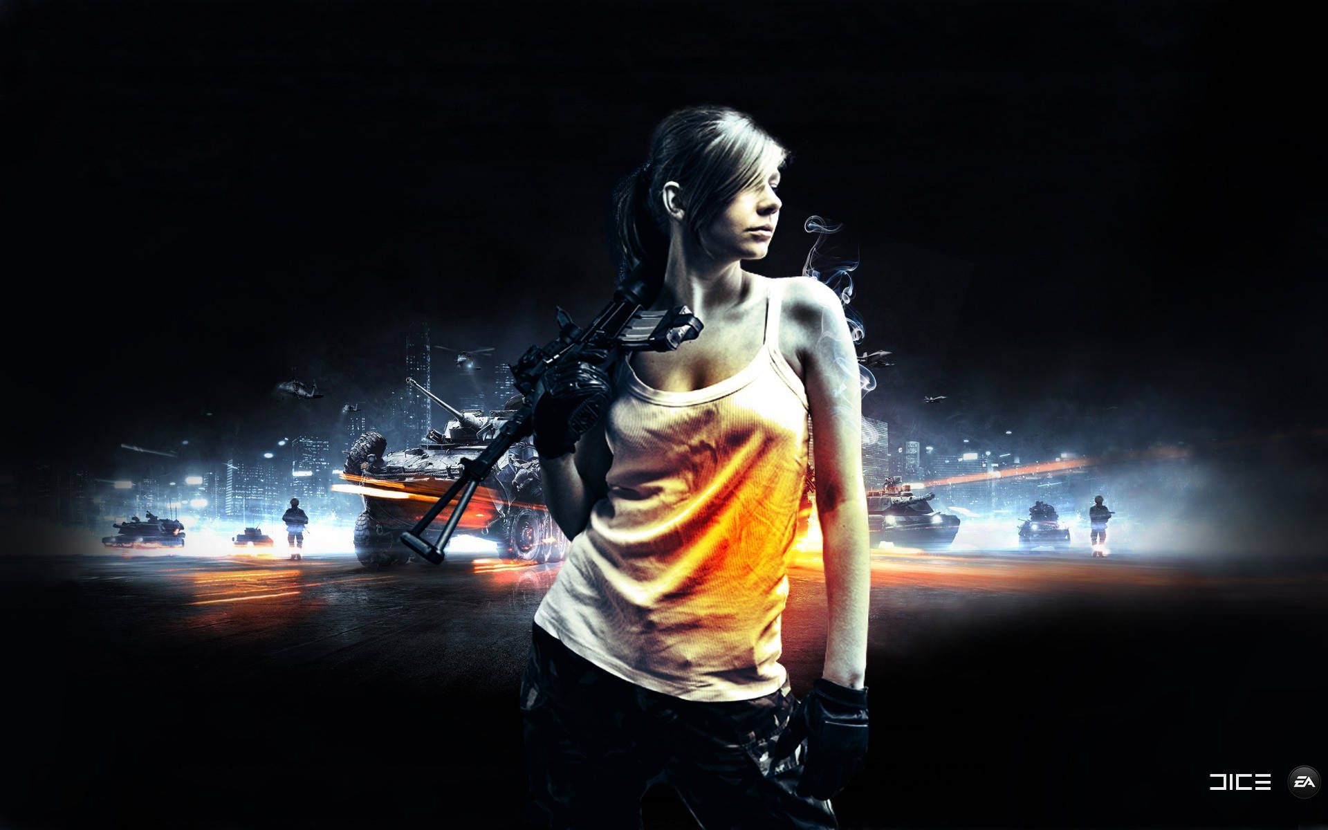 Battlefield 3 桌布 壁紙 — 一位堅定的女兵穿著發光的坦克背心，站在黑暗的城市戰場上，背景有坦克和士兵。