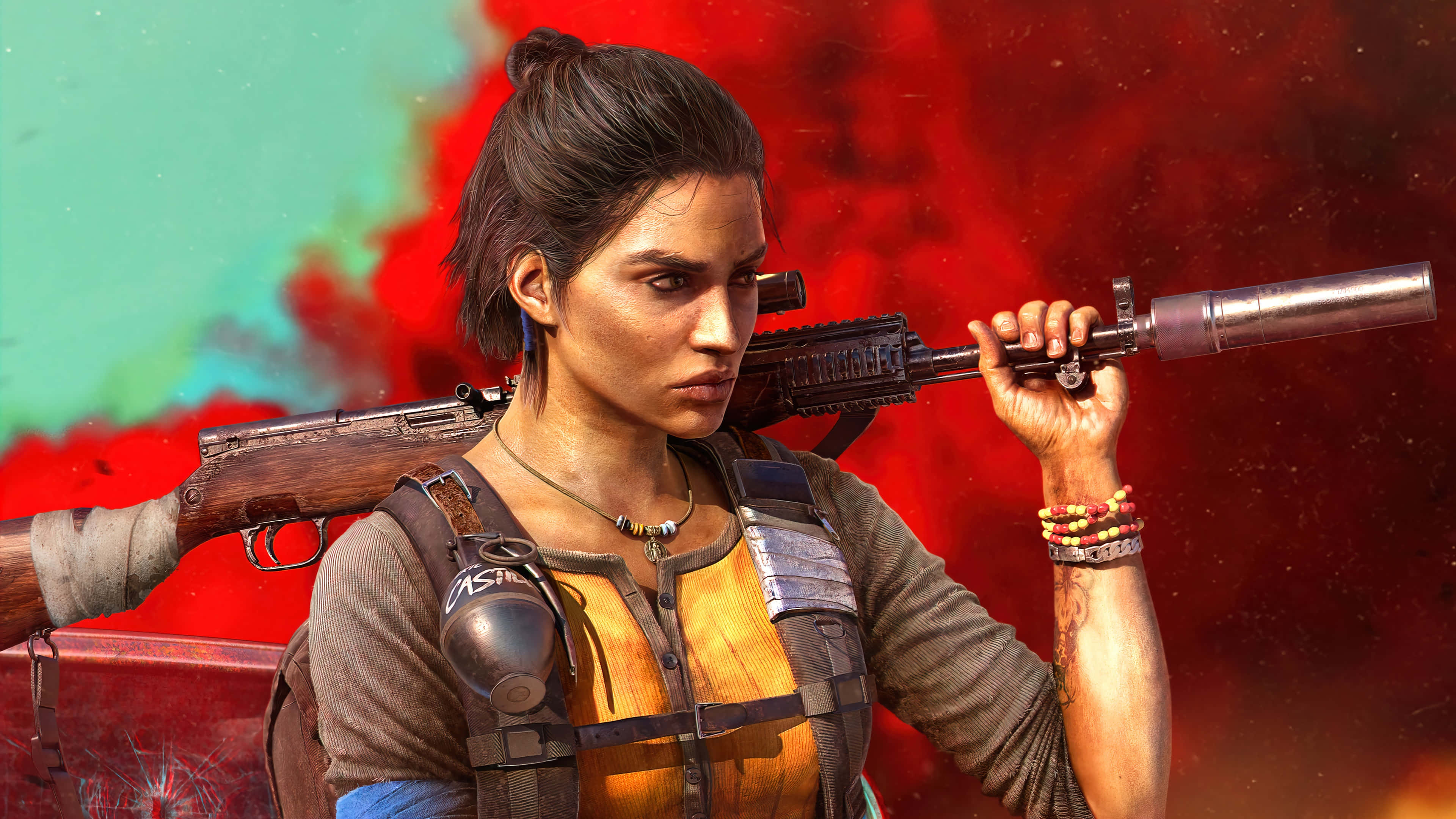 Far Cry 桌布 壁紙 — 一位堅定的女兵肩上扛著步槍，站在火紅與青綠色的背景前。