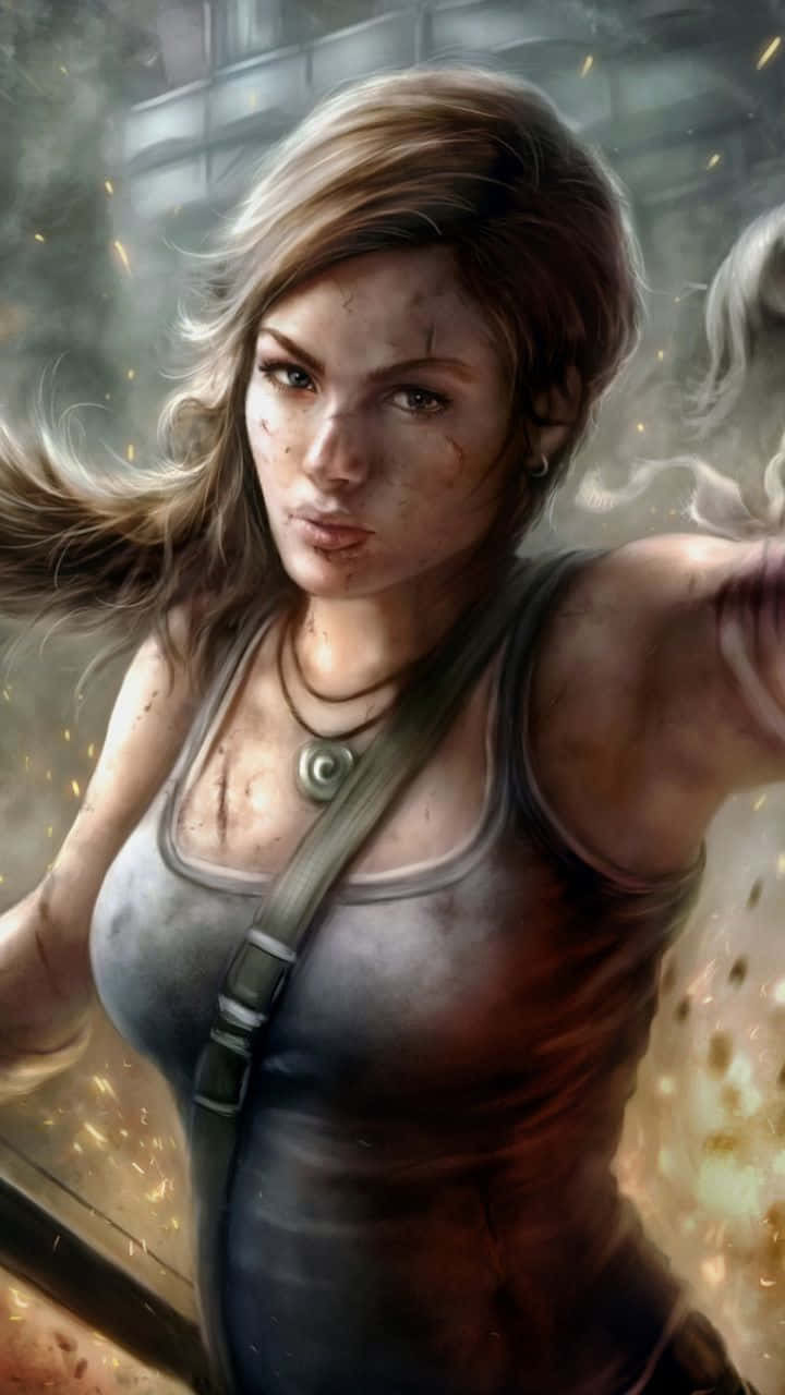 iPhone Xs Rise Of The Tomb Raider 桌布 壁紙 — 一位堅定的女冒險家，骯髒的金髮和戰鬥傷疤，在熾熱的碎片和煙霧中專注地向前凝視。