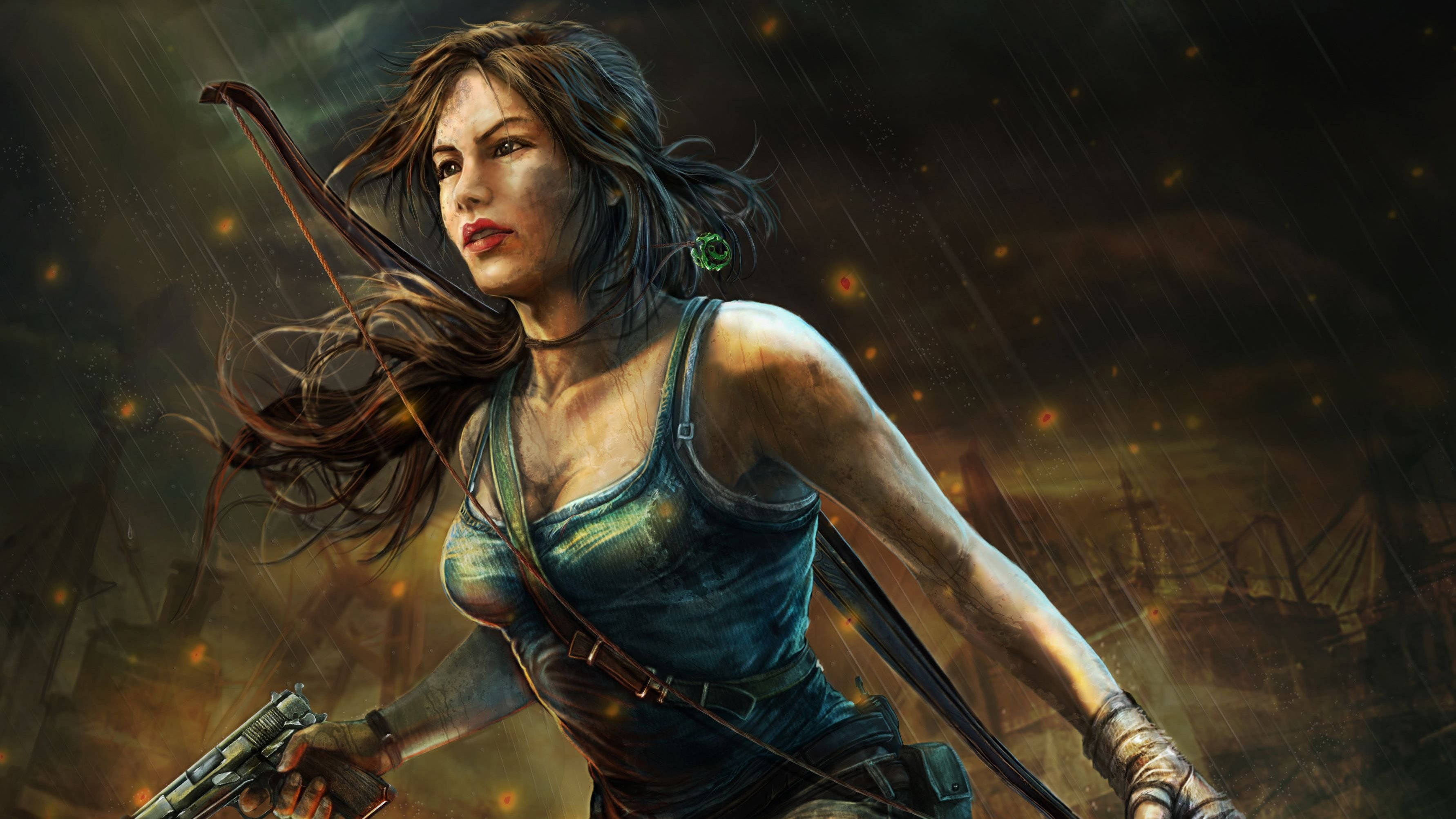 Tomb Raider Game 桌布 壁紙 — 一位堅定的女冒險家手持弓箭和手槍，在黑暗的天空下，大步穿過被雨水浸透、燃燒的廢墟。