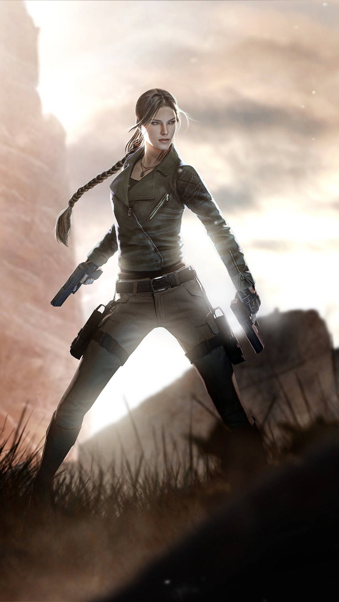 tomb raider iPhone 桌布 壁紙 — 一位堅定的女冒險家手持雙槍，站在戲劇性的岩石背景下，沐浴在金色的日落光芒中。