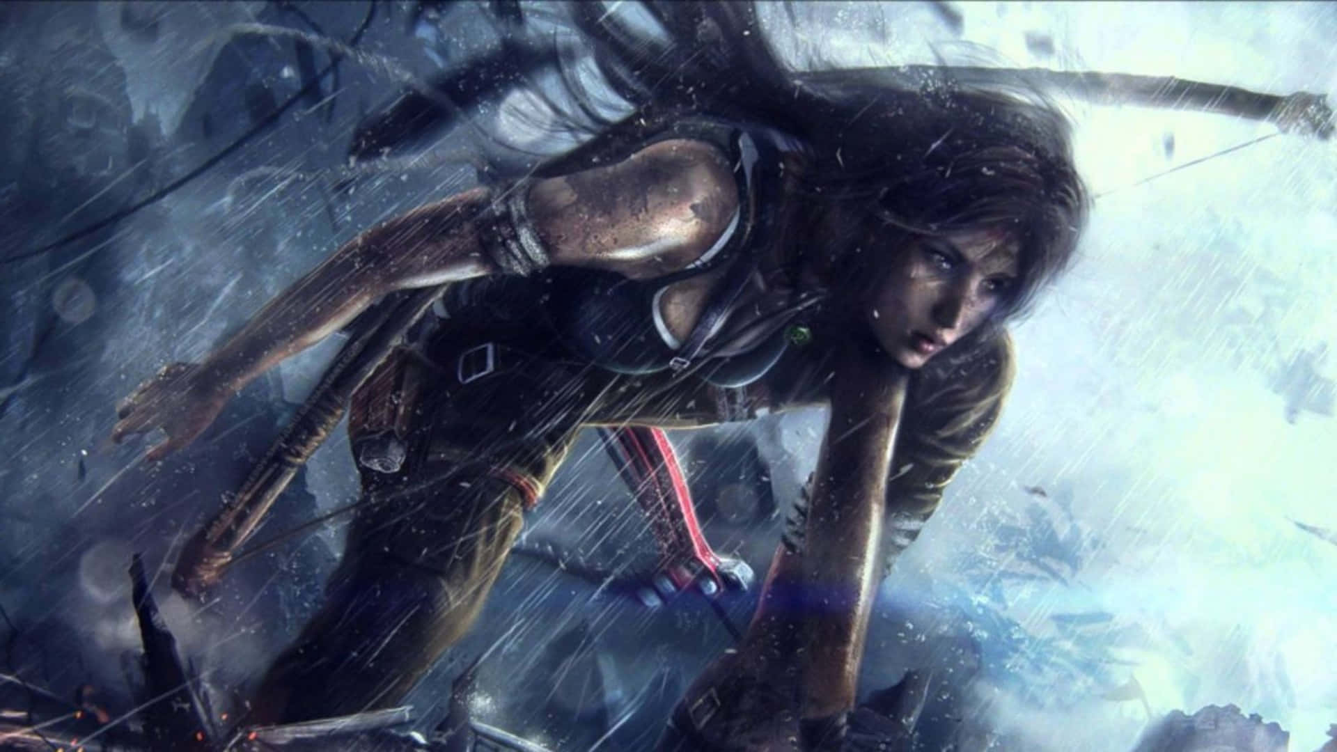 Lara Croft 桌布 壁紙 — 一位堅定的女冒險家身穿堅固裝備，蹲在風雨交加、佈滿碎片的惡劣環境中。