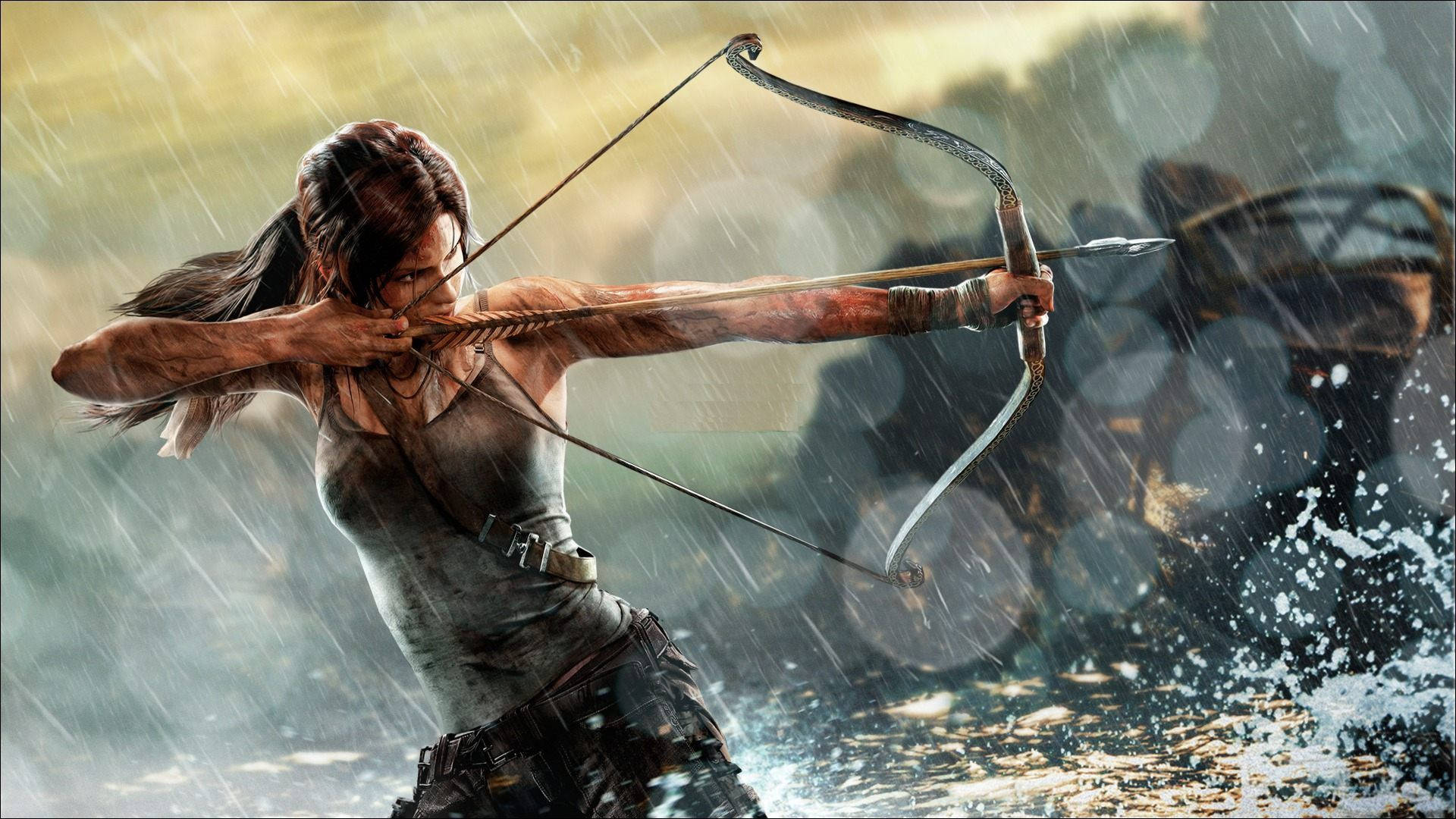Archery 桌布 壁紙 — 一位堅定的女子在暴雨中拉弓，水花四濺，構成戲劇性的動作場景。