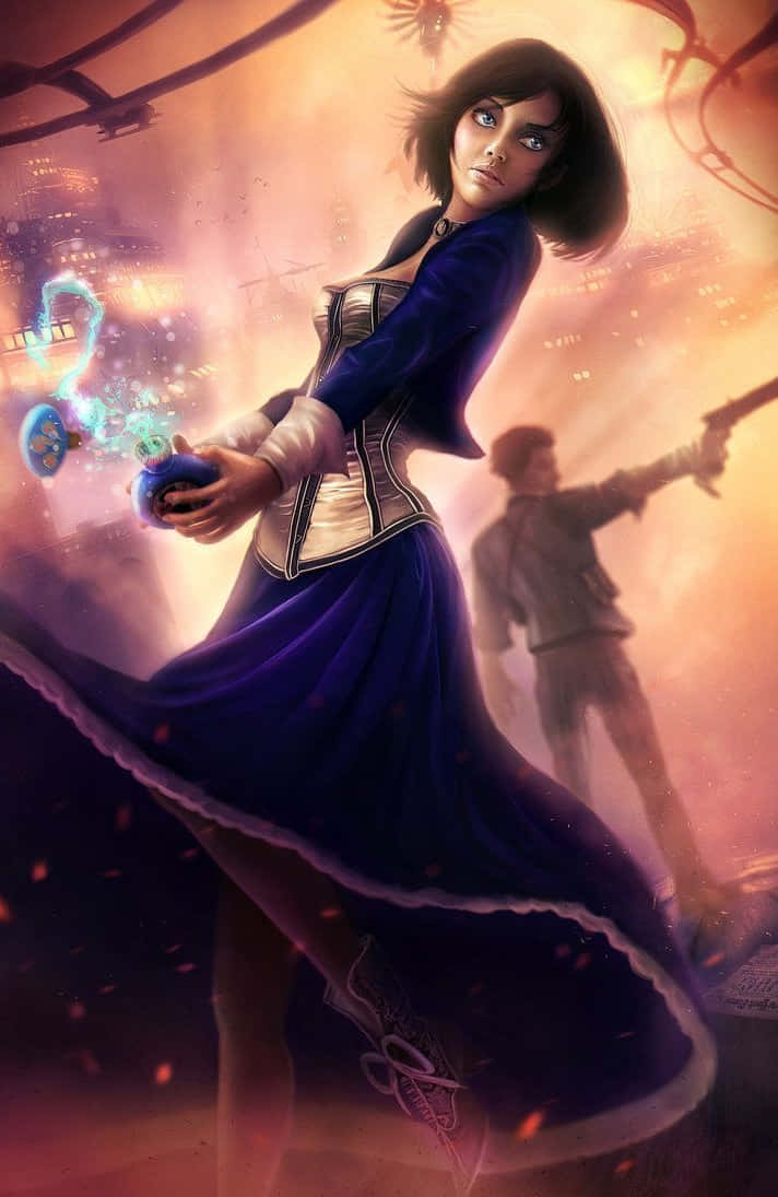 電玩遊戲 桌布 壁紙 — 一位堅定的女子身穿飄逸藍色連衣裙，在熾熱的城市背景下揮舞著發光的魔法裝置。