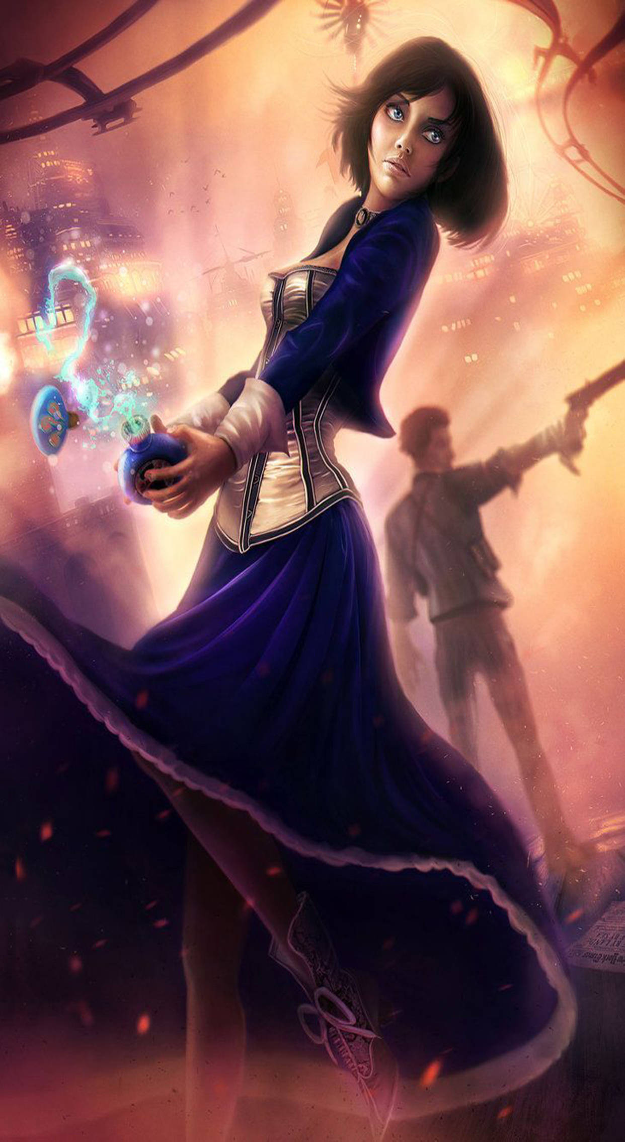 Bioshock Infinite iPhone 桌布 壁紙 — 一位堅定的女子身穿飄逸藍色長裙，在烈焰沖天的城市戰場上揮舞著發光的魔法，身後有一個模糊的戰鬥者。