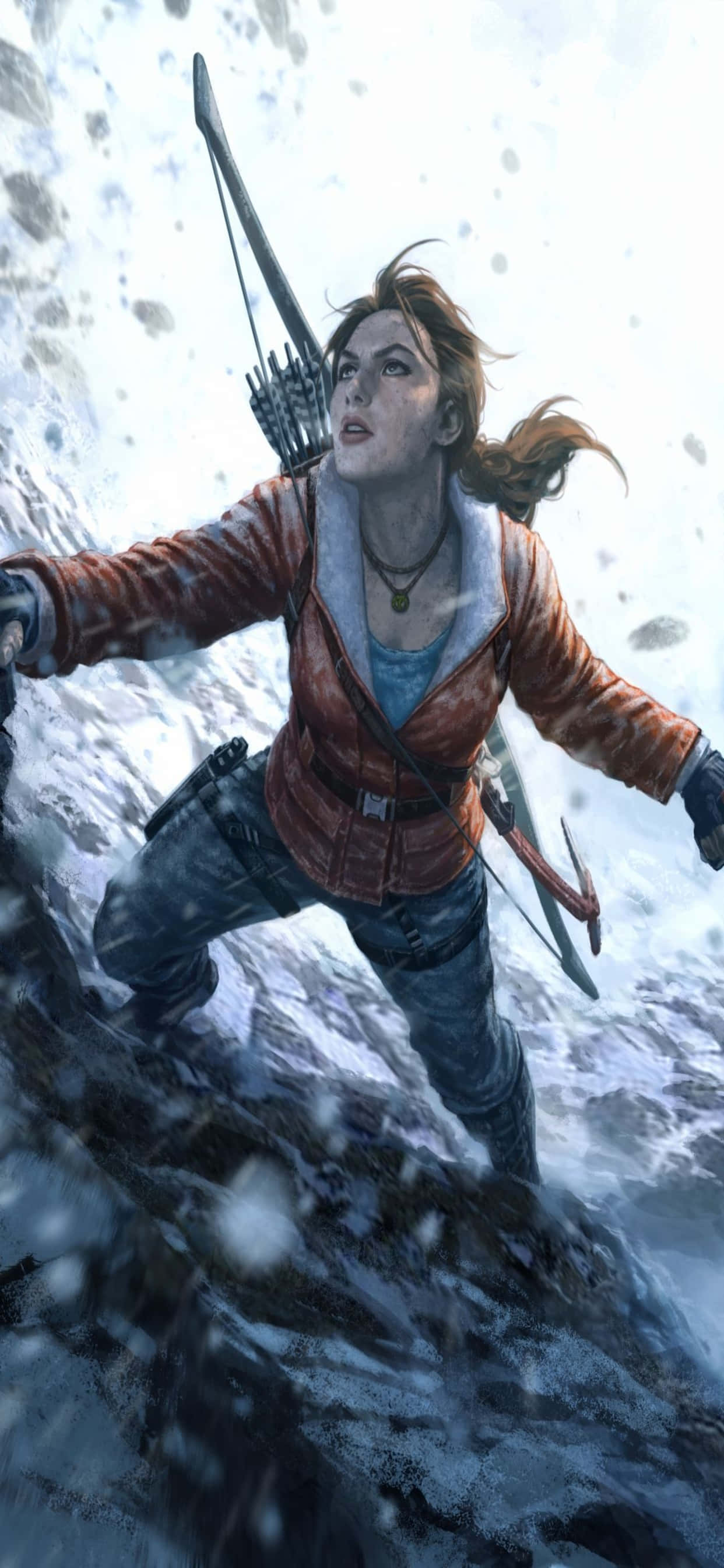 iPhone Xs Max Rise Of The Tomb Raider 桌布 壁紙 — 一位堅定的女弓箭手帶著弓和箭袋攀爬雪崖，雪花在她周圍旋轉。