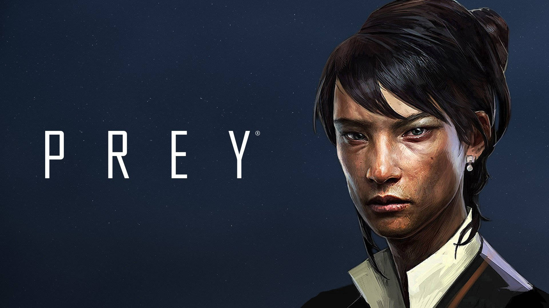 Prey 桌布 壁紙 — 一位堅定的女性主角，深色頭髮，眼神強烈，凝視前方，背景是星空夜空，並有粗體白色字母寫著PREY。