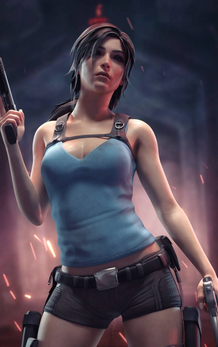 tomb raider iPhone 桌布 壁紙 — 一位堅定的女性冒險家，身穿藍色背心和短褲，在熾熱的火花和黑煙中手持雙槍。