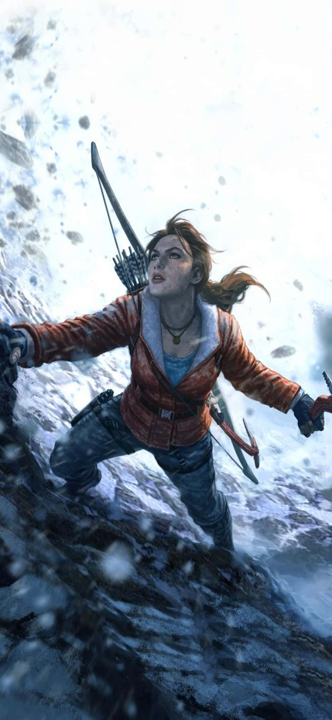 iPhone X Rise Of The Tomb Raider 桌布 壁紙 — 一位堅定的女性冒險家手持弓箭，在動態的冬季場景中攀爬積雪的懸崖。