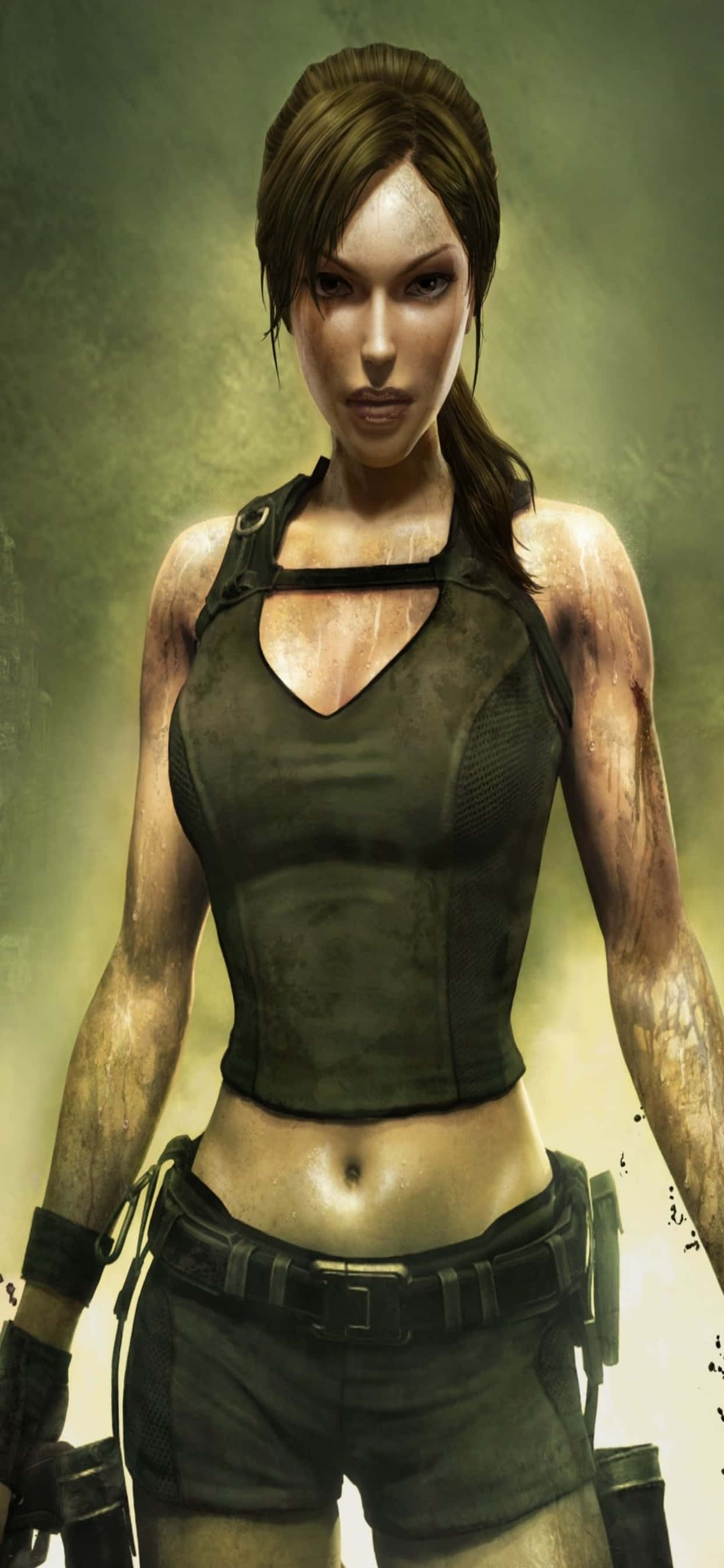 iPhone Xs Max Rise Of The Tomb Raider 桌布 壁紙 — 一位堅定的女性冒險家穿著破舊裝備，在朦朧的綠色背景下展現專注的強度。