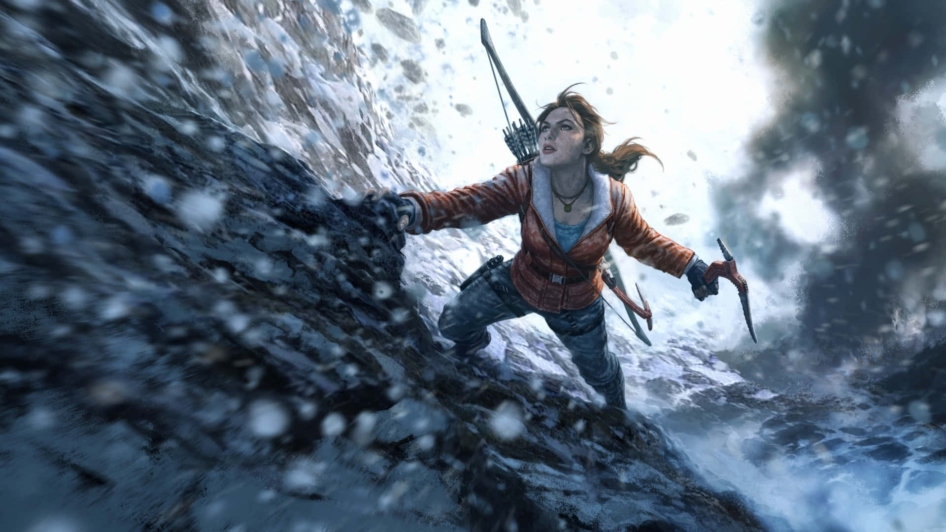 Lara Croft 桌布 壁紙 — 一位堅定的女性攀岩者，在暴風雪中手持冰斧和弓攀登積雪的山壁。