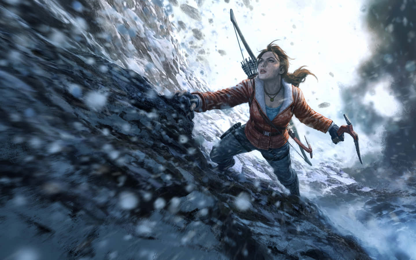 Rise Of The Tomb Raider 桌布 壁紙 — 一位堅定的女性攀岩者，背著冰斧和弓，攀登積雪的山壁。